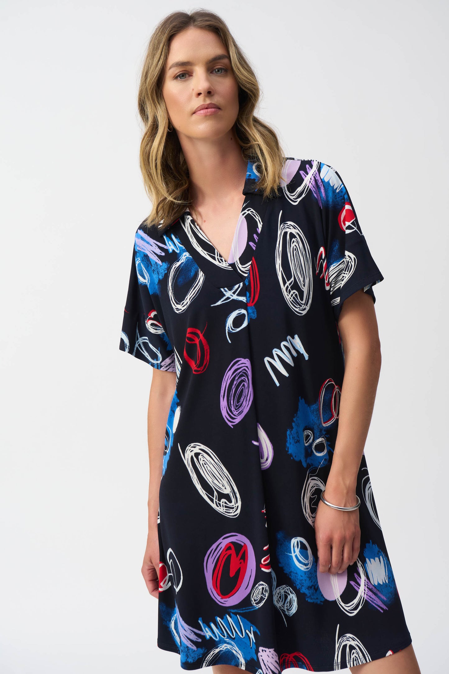 Silky Knit Abstract Print A-Line Dress 251111