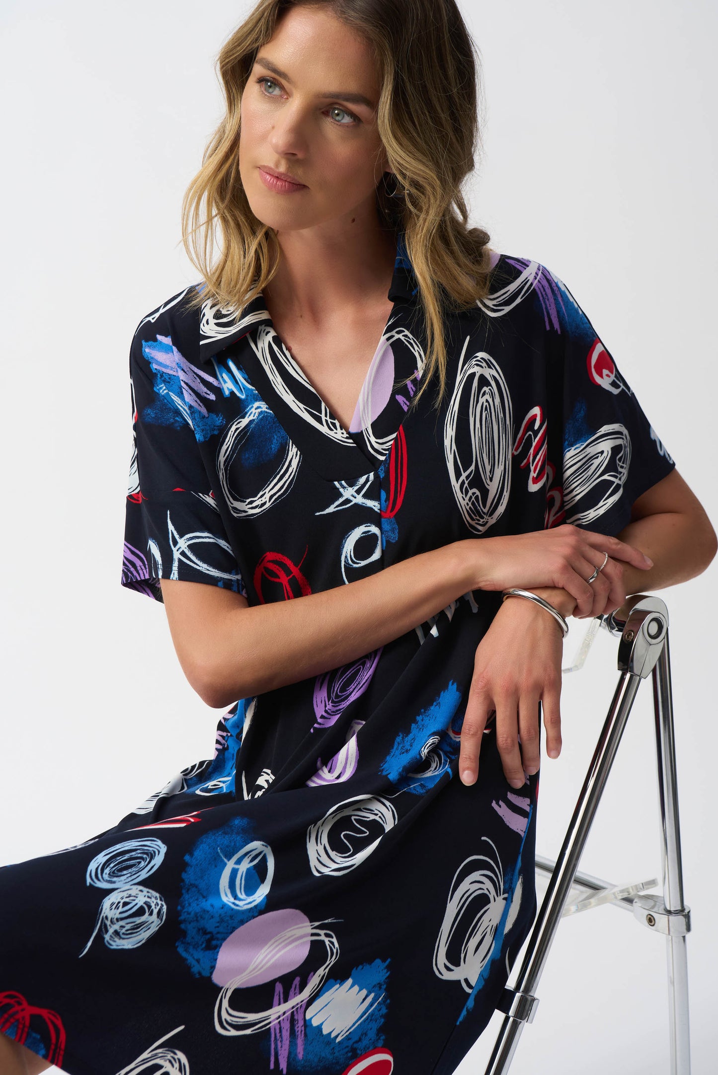 Silky Knit Abstract Print A-Line Dress 251111