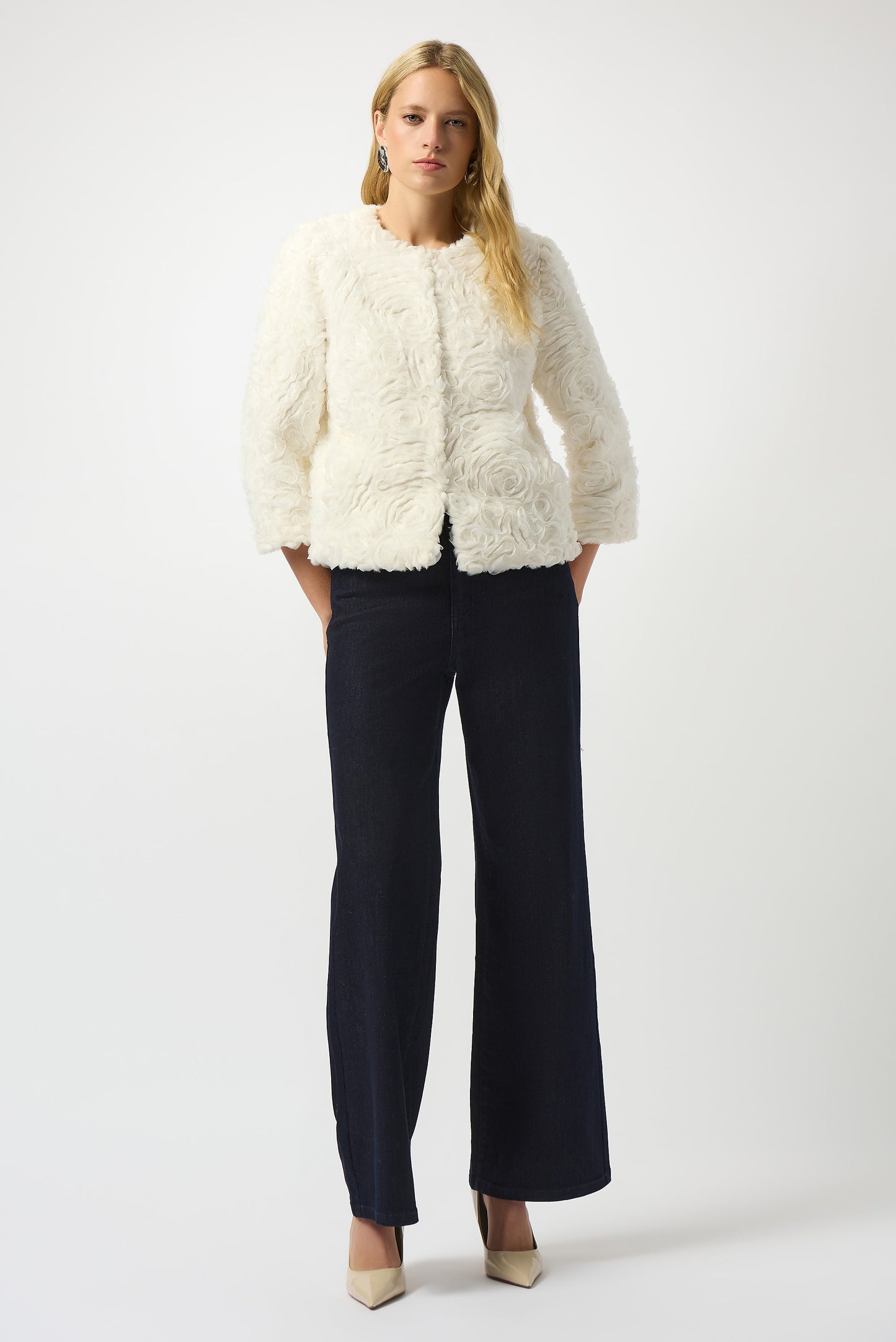 Joseph Ribkoff #253930-1761 Embroidered Faux Fur Collarless Jacket