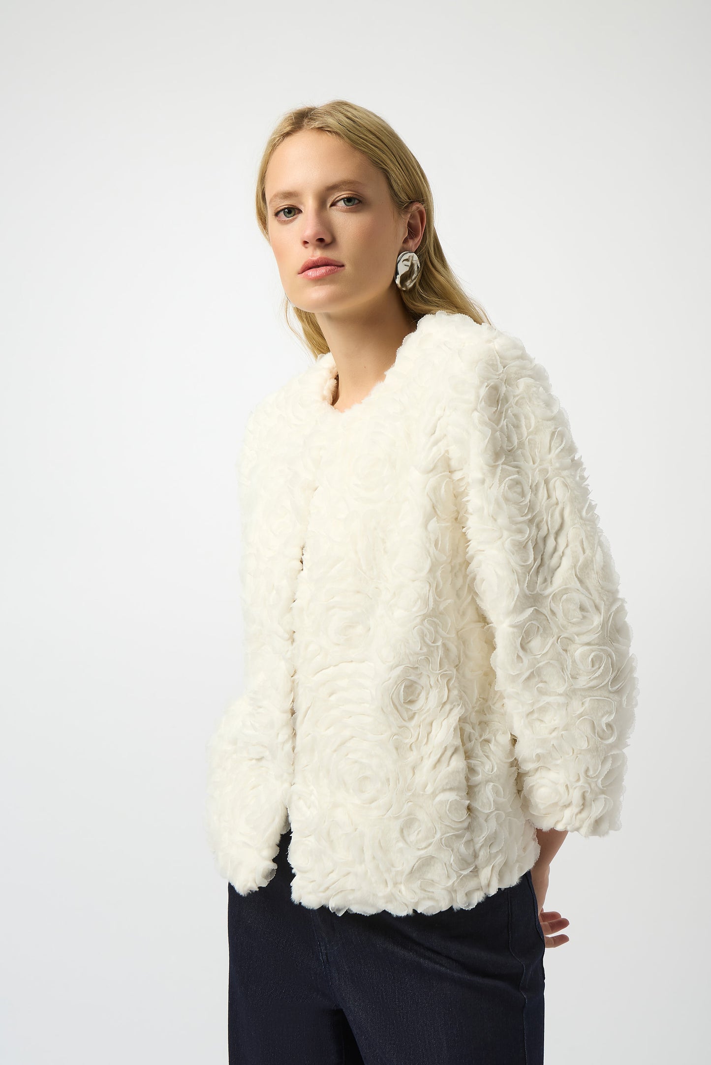 Joseph Ribkoff #253930-1761 Embroidered Faux Fur Collarless Jacket