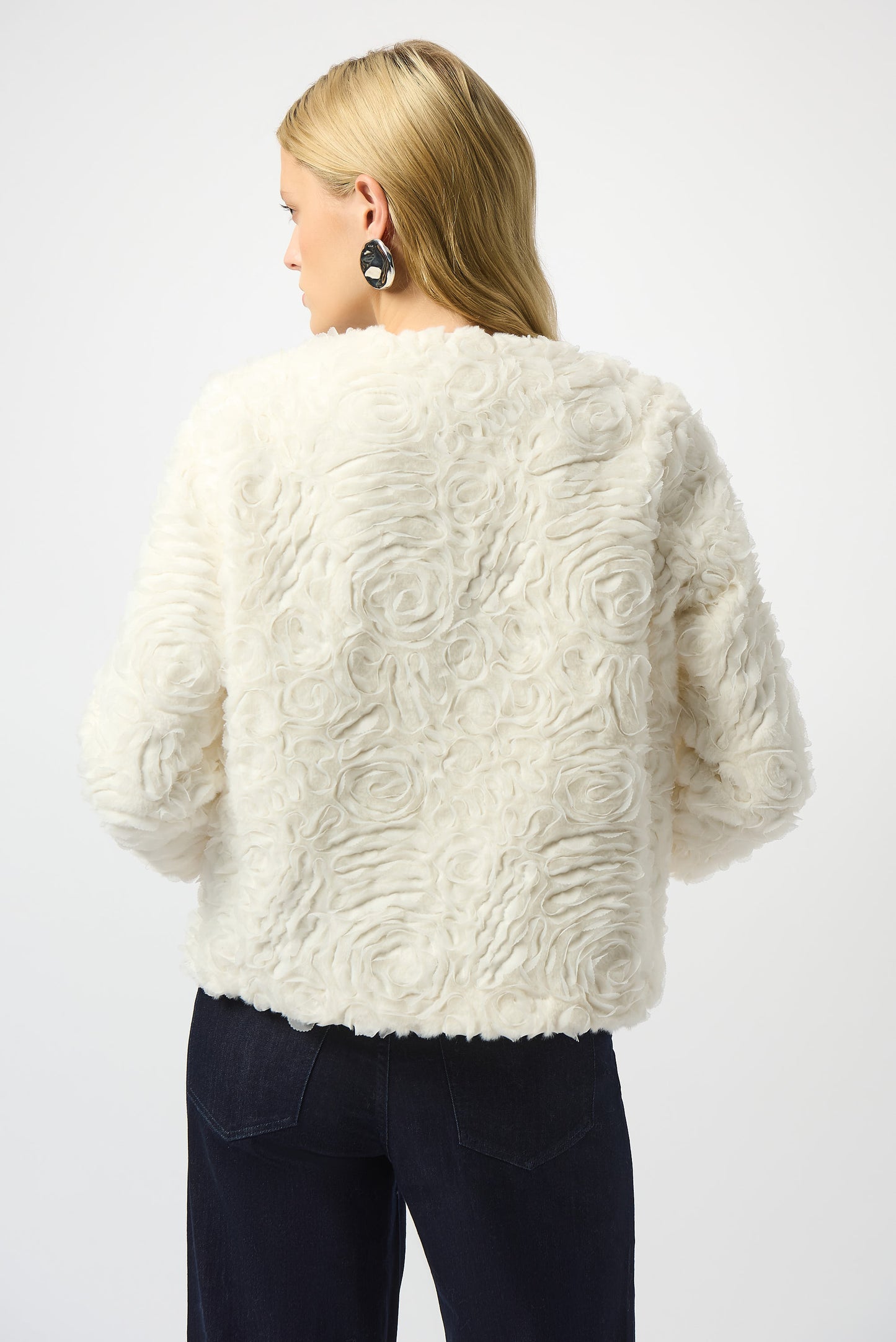 Joseph Ribkoff #253930-1761 Embroidered Faux Fur Collarless Jacket