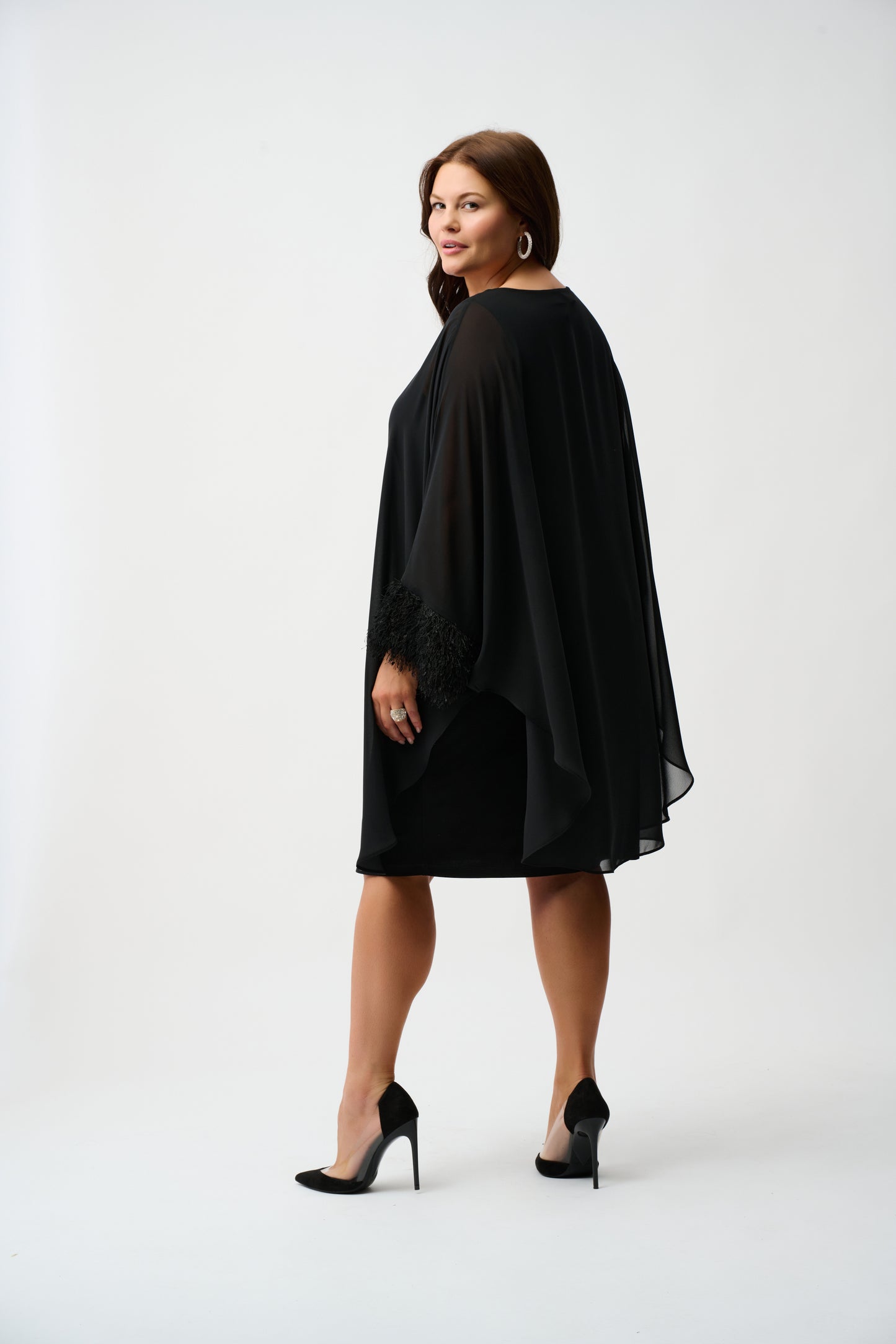 Joseph Ribkoff #254186-11 Silky Knit & Chiffon Layered Dress with Fringe Detail