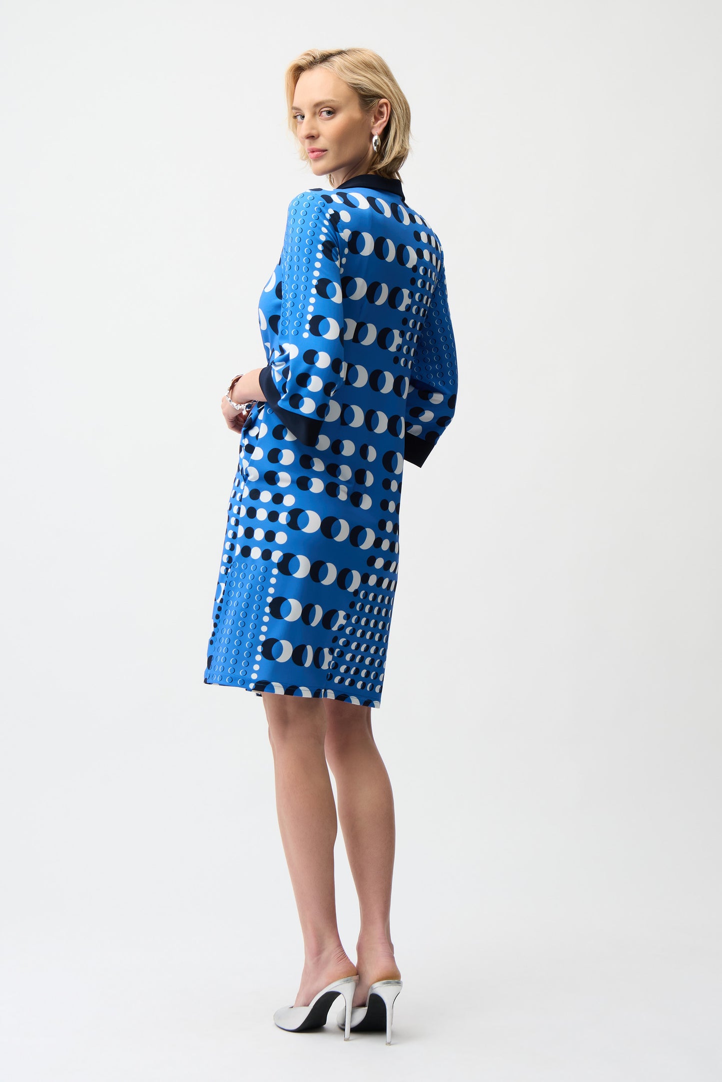 Joseph Ribkoff #261179-3801 Silky knit Dot Print Shirt Dress With Contract Collar & Cuffs