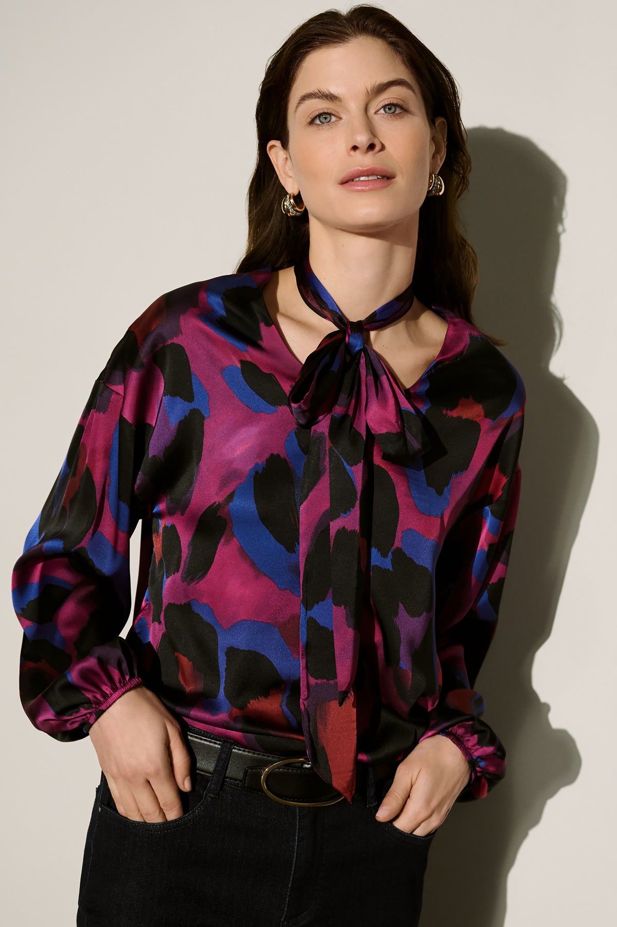 Jospeh Ribkoff #264206-178 Animal Print Satin Tie-Neck Top