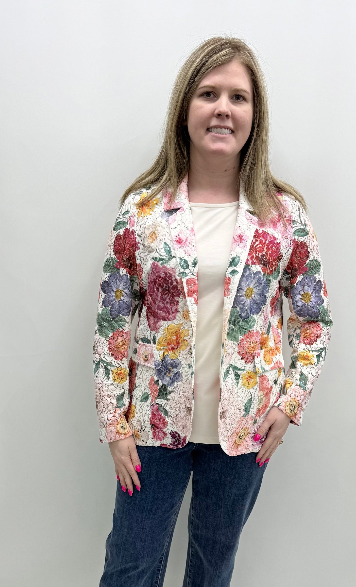 Ali Miles #A16219JM Abstract Flower Printed Lace Button Front Jacket, Sequin Jacket