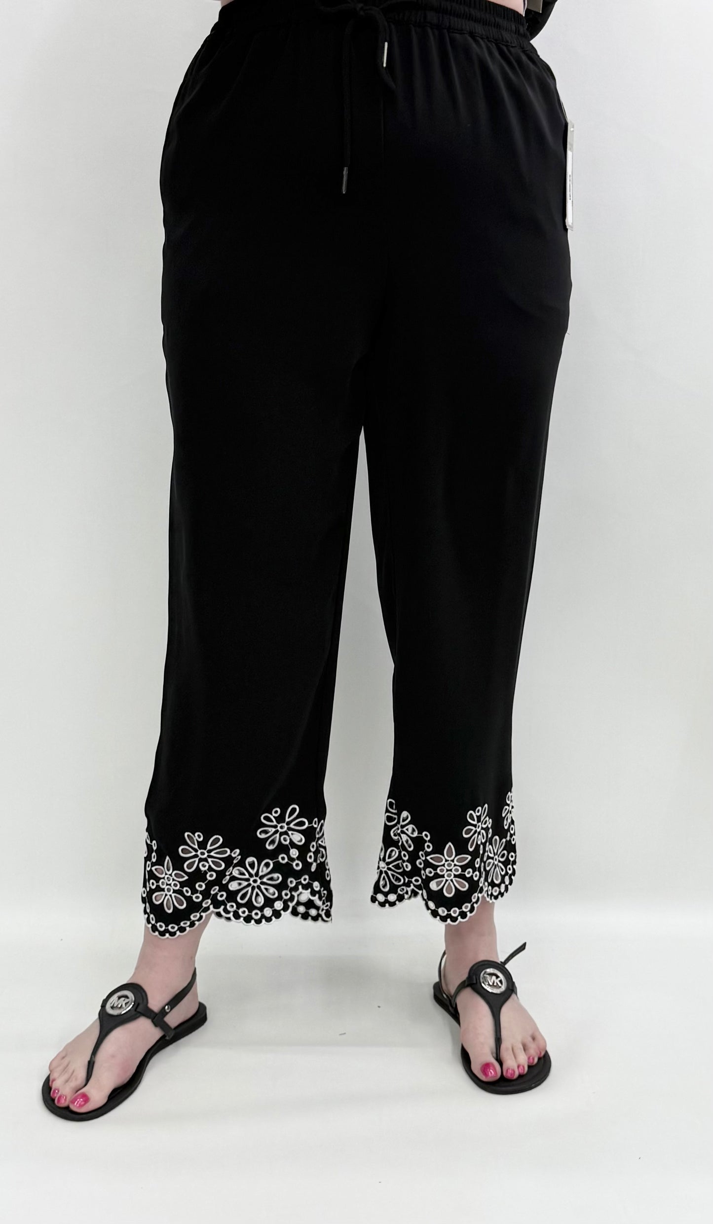 Slim Sation by Multiples #M16406PM Black Crop Embroidered Pant