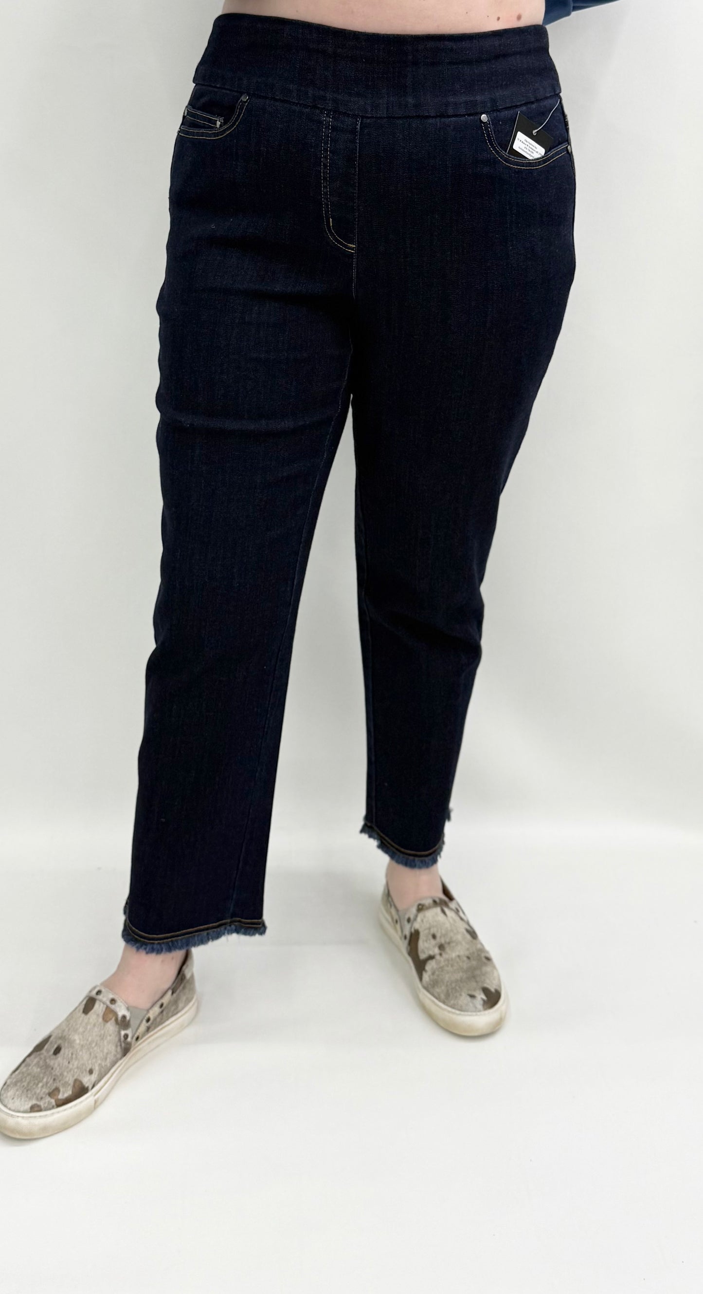 Slim Sation by Multiples #M35714PM Midnight Denim 5 Pocket Fringe Ankle Jean