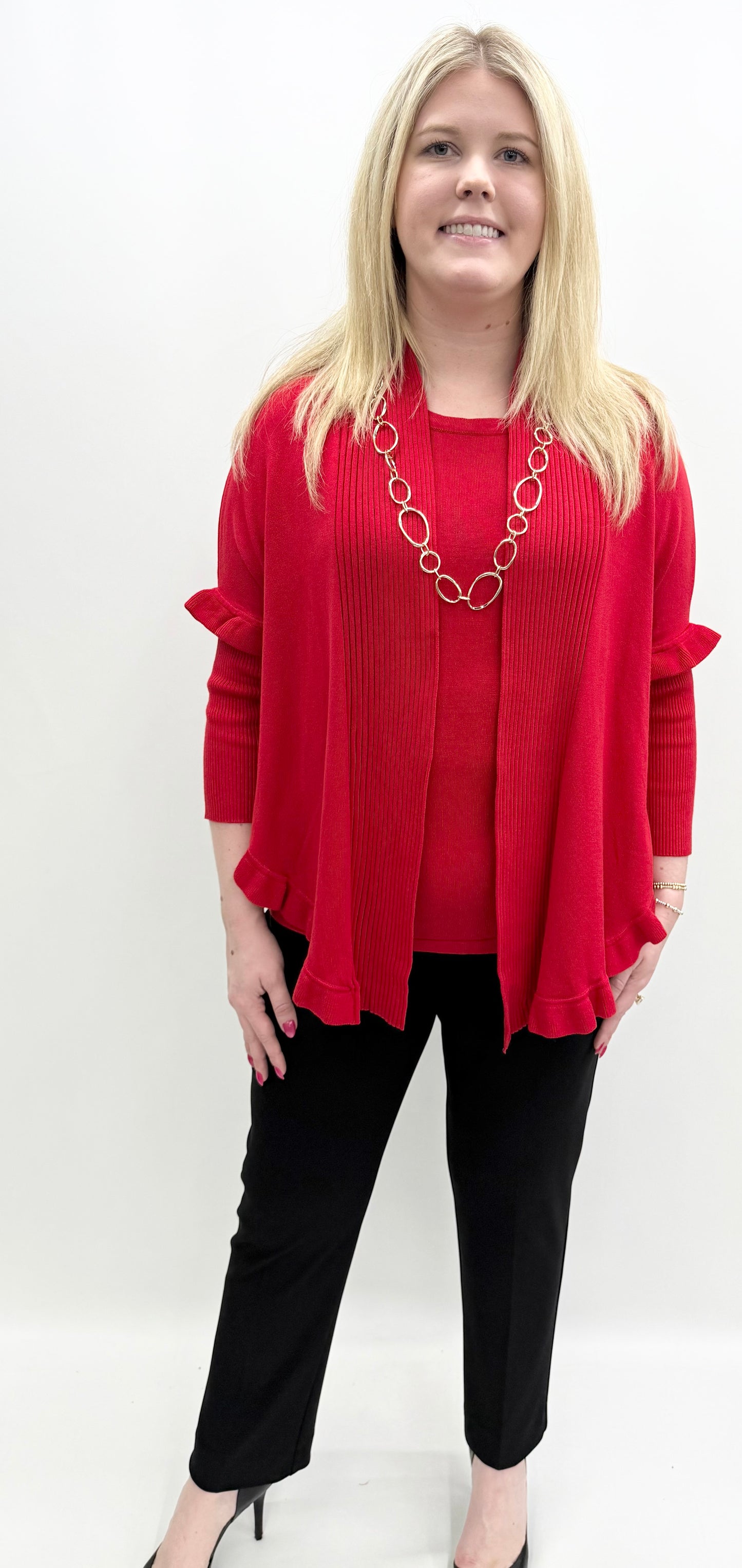 Multiples #M45112KM Red 3/4 Ruffled Shawl