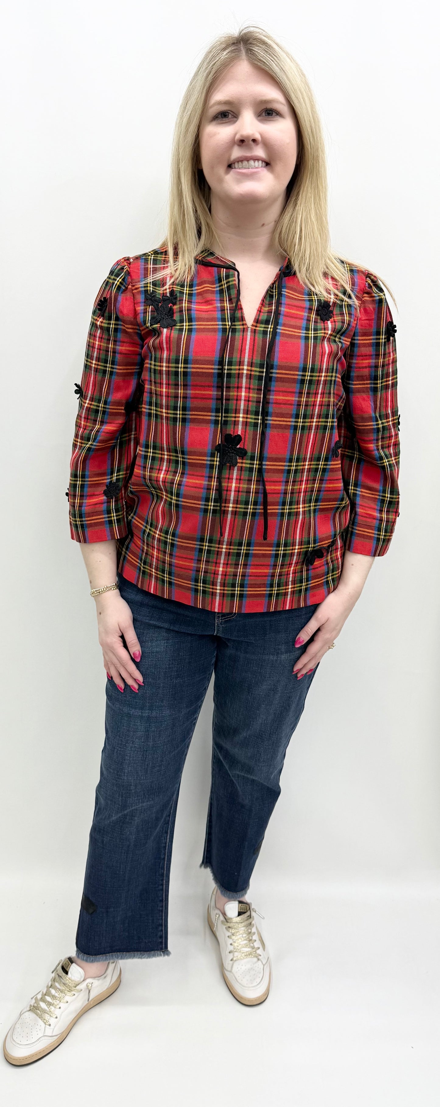 Tru-Luxe #T45487BM Red Plaid 3D flower Appliqué Tie Neck Top