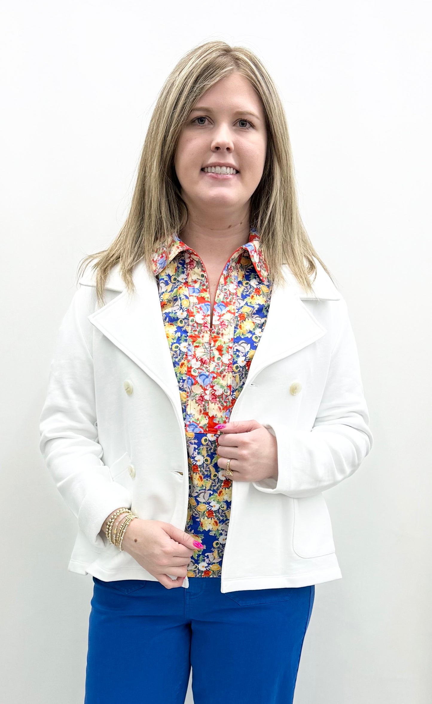 Tru-Luxe #T16345JM White French Terry Double Breasted Knit Jacket