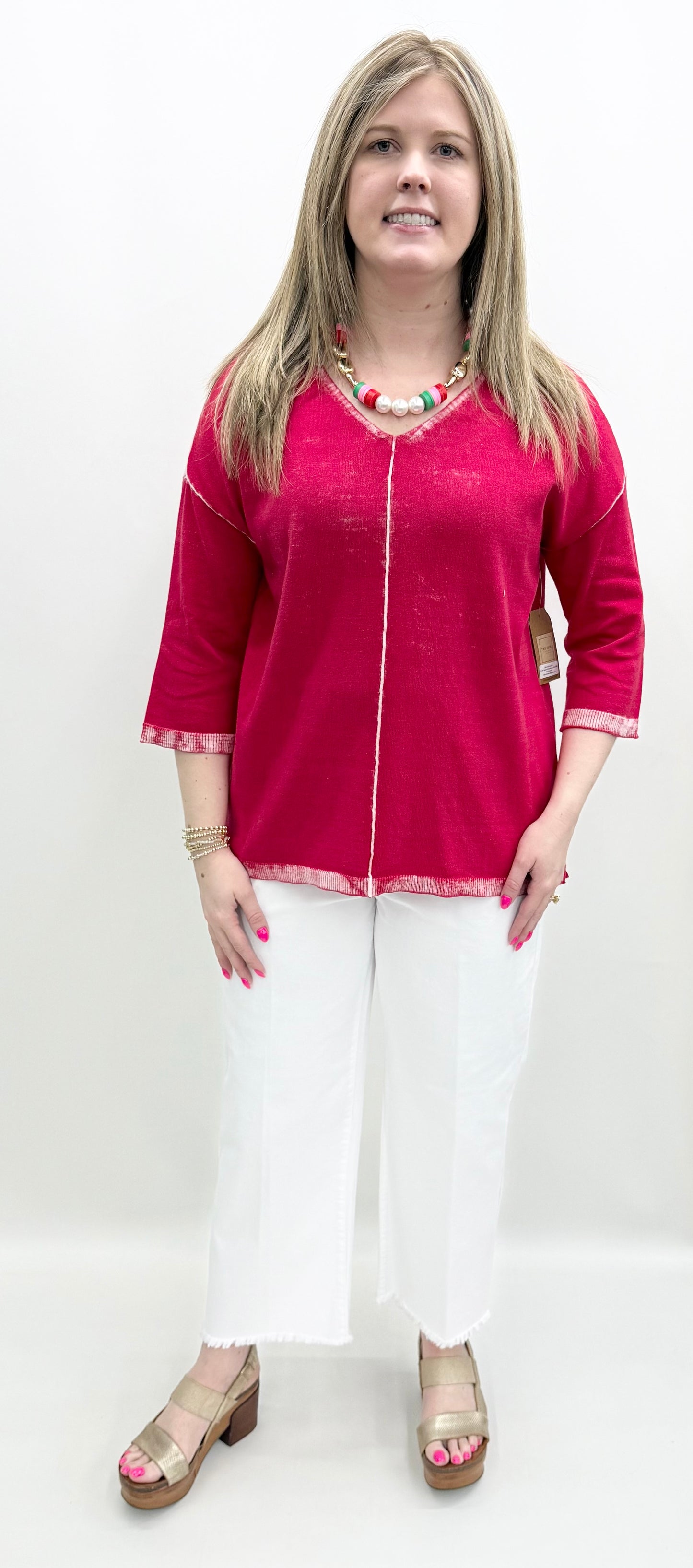 Tru-Luxe #T16480KM Watermelon Printed V-Neck Sweater