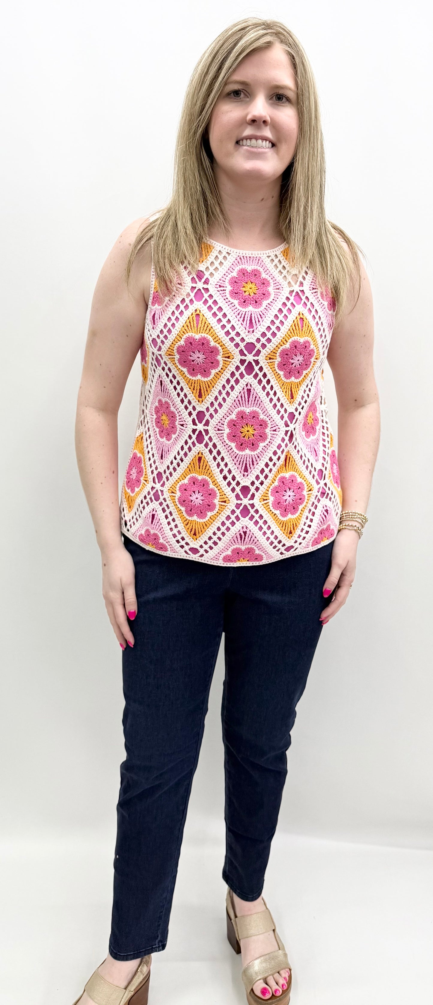 Charlie B. #C4610D-777C Apricot Crochet Tank
