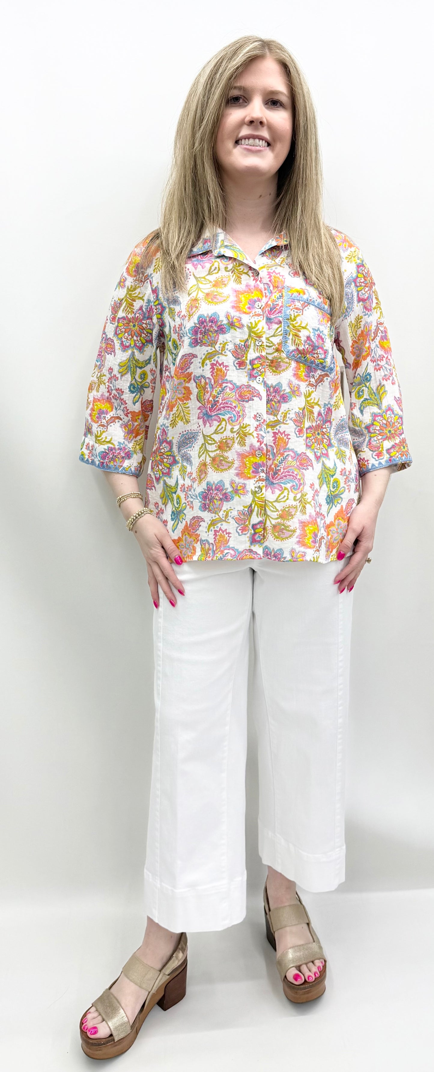 A'la Carte #L16424BM Crochet Trim Print Button Up Shirt
