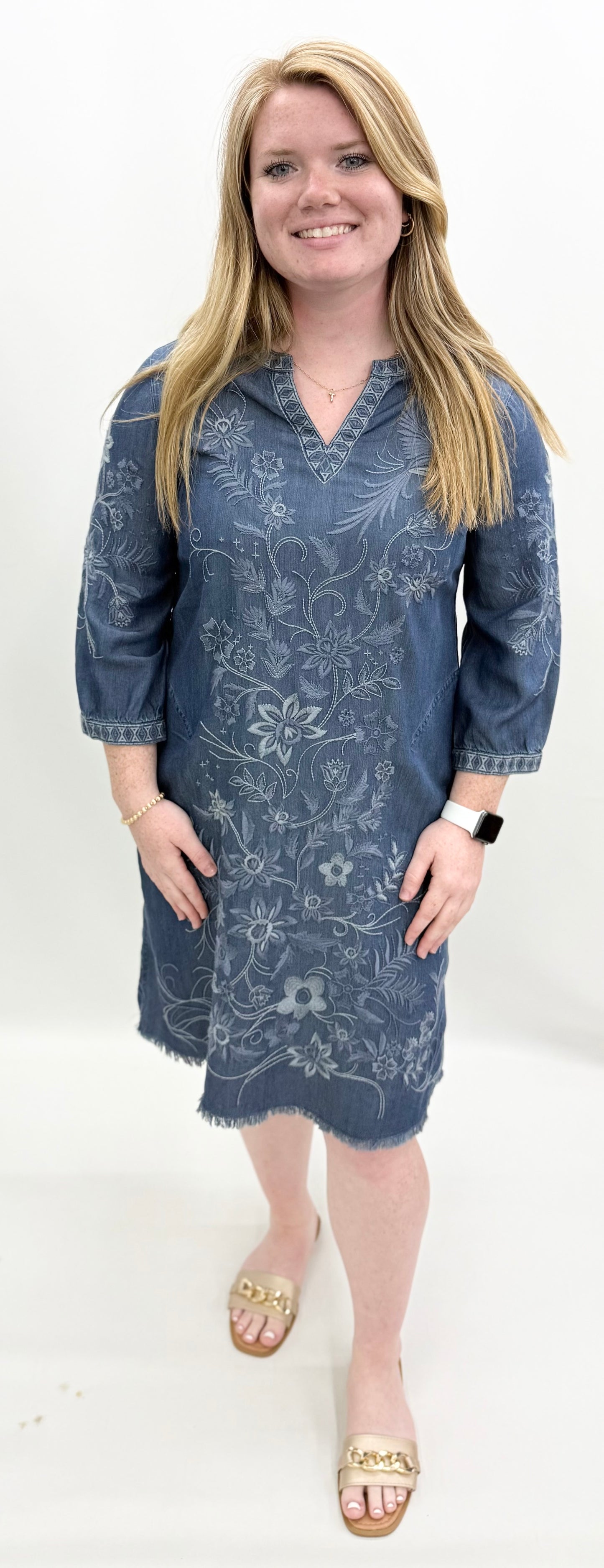 John Mark #J36770DM Dark Denim Embroidery Dress