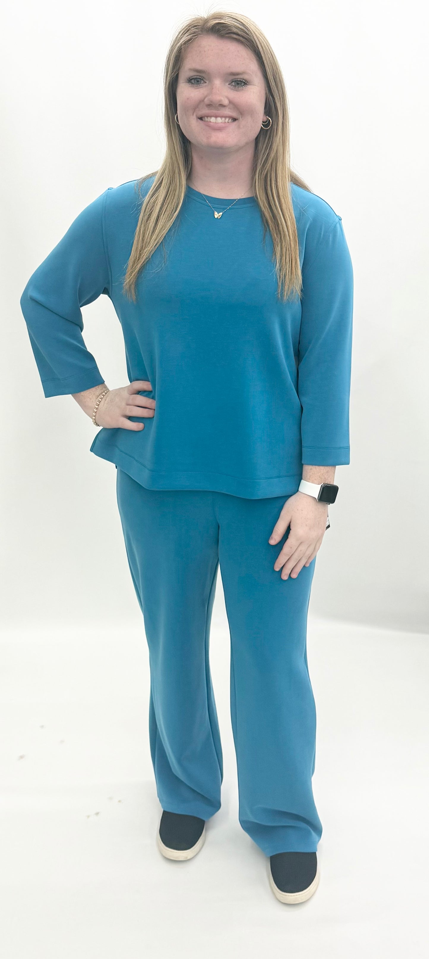 Multiples #M36718TM Peacock 3/4 Sleeve Drop Shoulder Hi-Lo Solid Knit Top