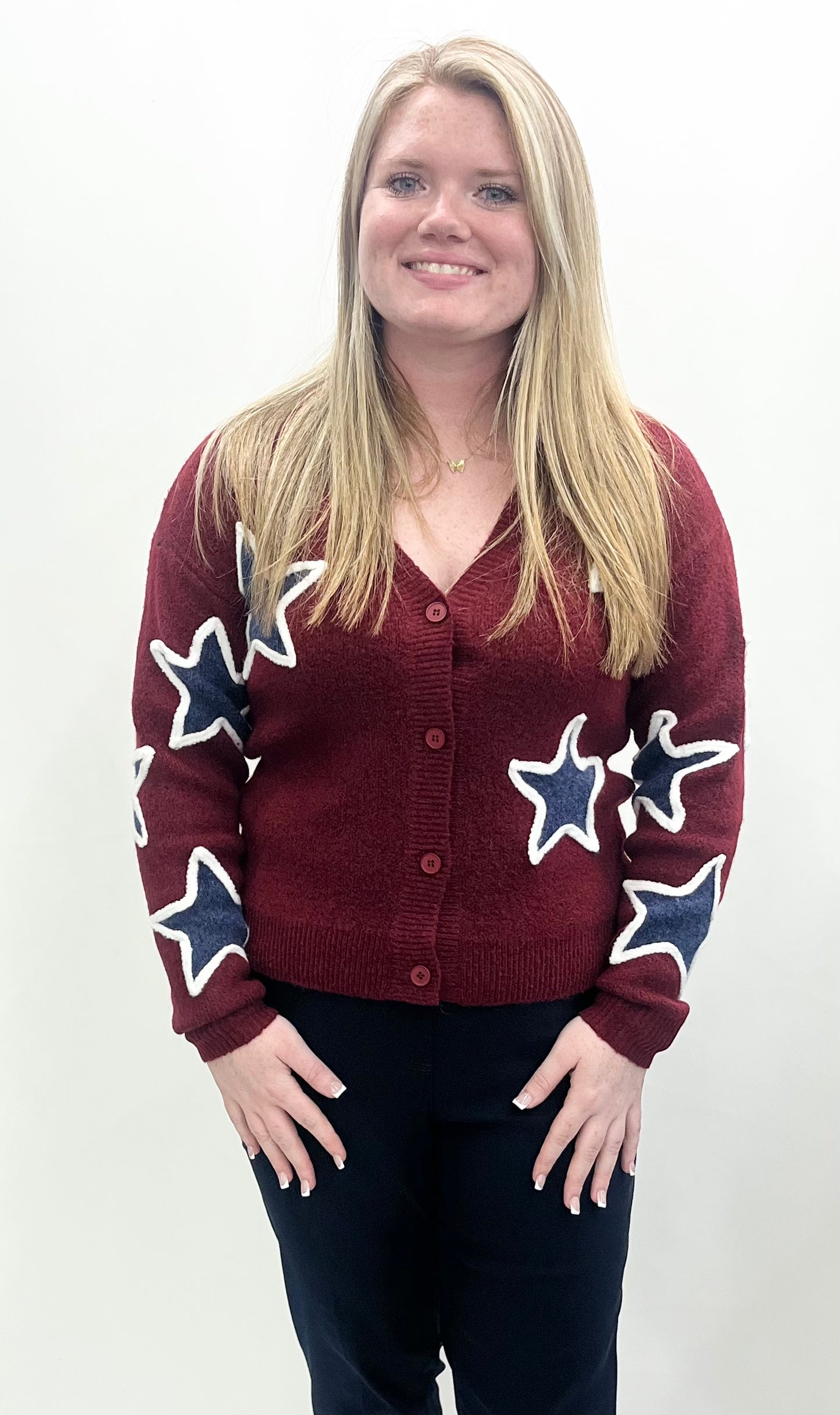Ethyl #1225BWR Red/Blue Star Button Up Sweater
