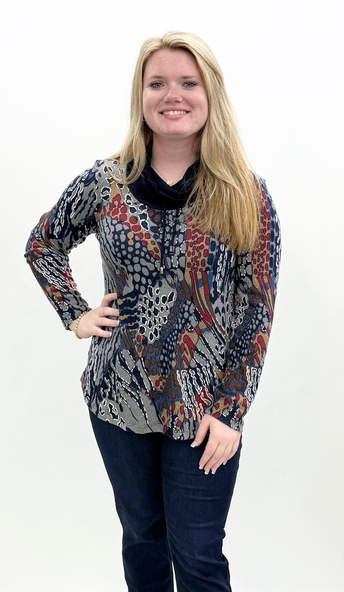 Pure Essence #681-4534 Blue Puff Cowl Neck Top
