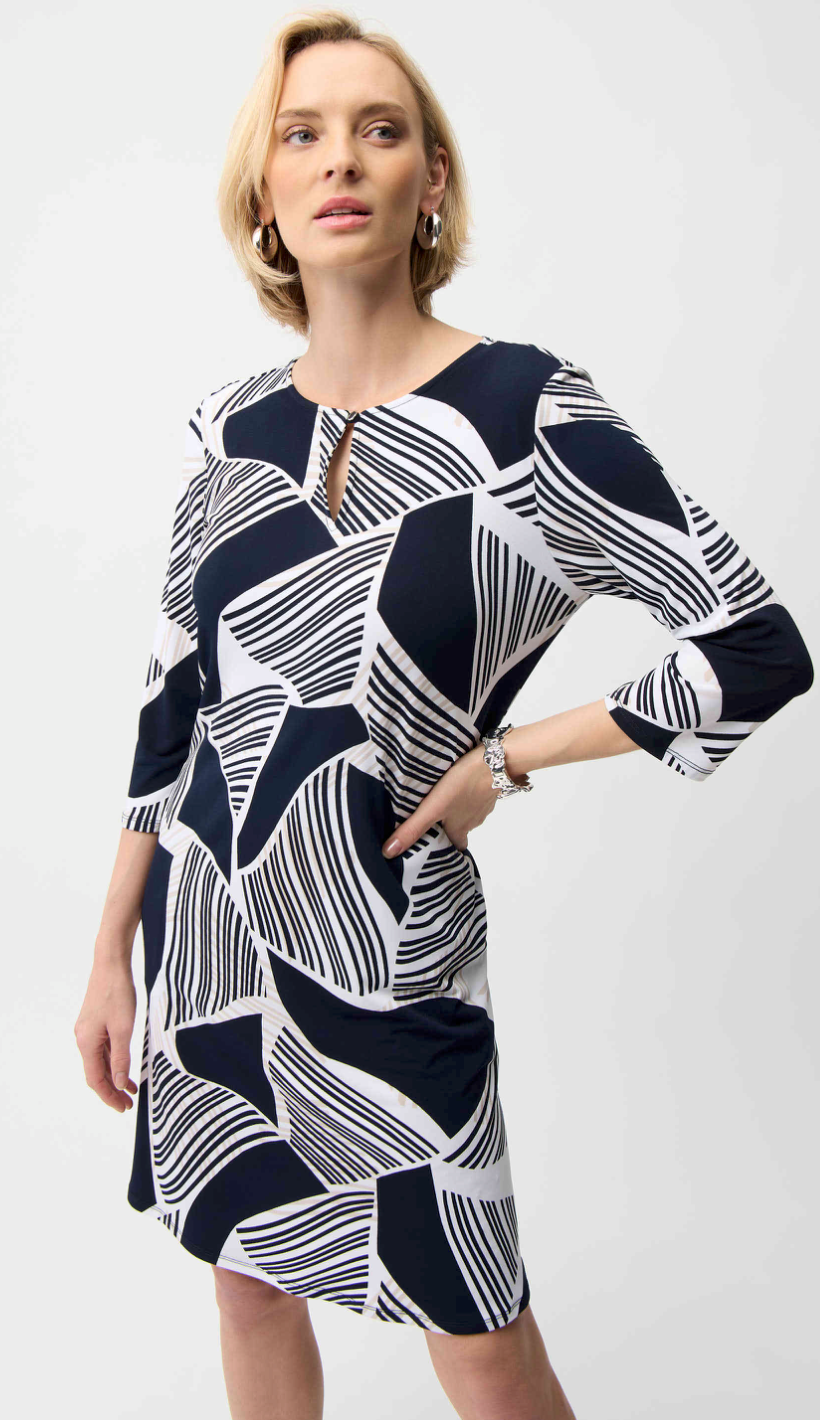 Joseph Ribkoff #261046-2535 Silky Knit Geometric Print Straight Dress With Keyhole Neckline