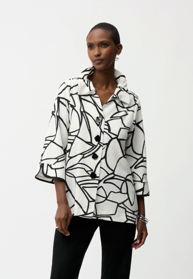 Jospeh Ribkoff #261239-1846 Seersucker Abstract Print Trapeze Jacket With Contrast Button