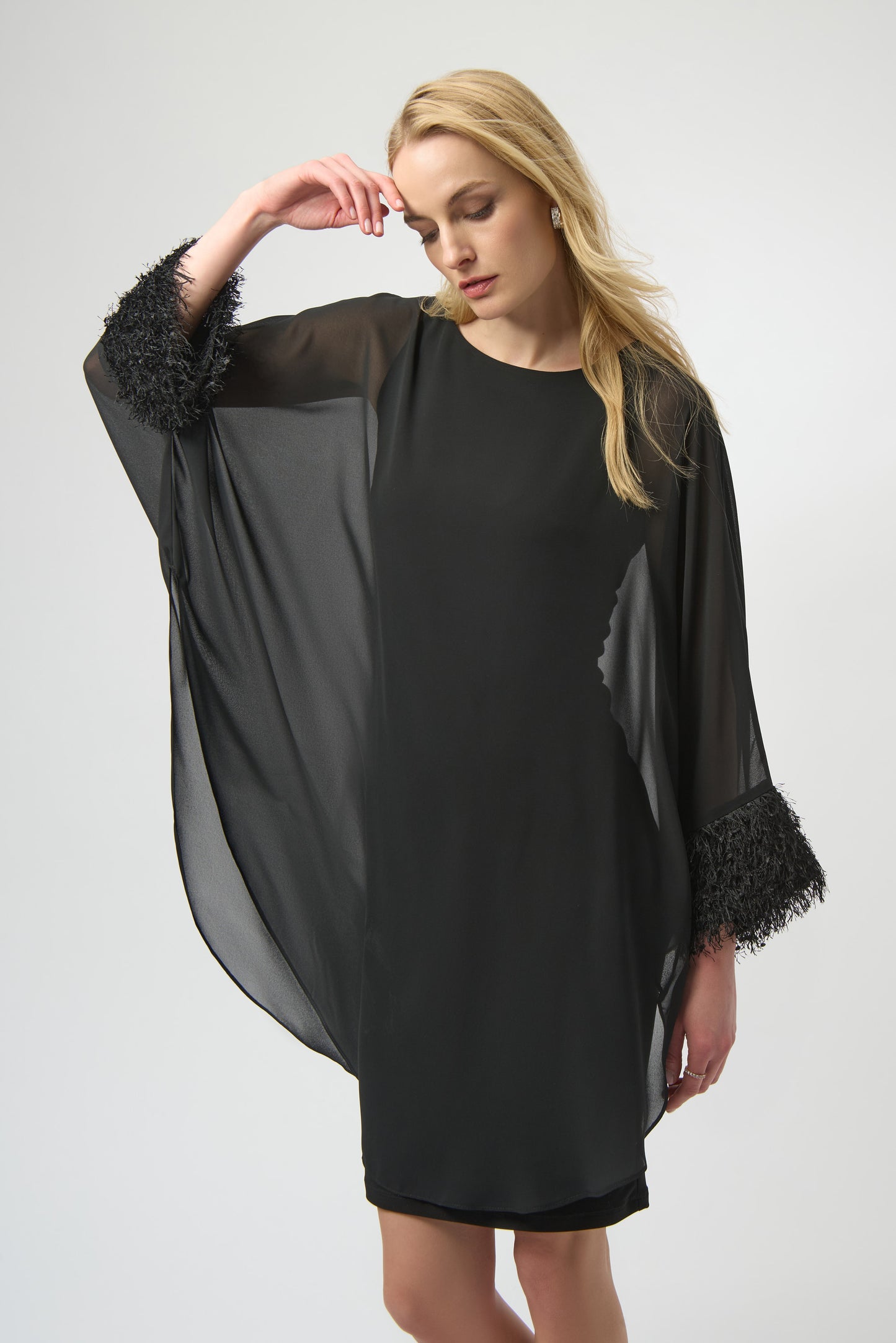 Joseph Ribkoff #254186-11 Silky Knit & Chiffon Layered Dress with Fringe Detail
