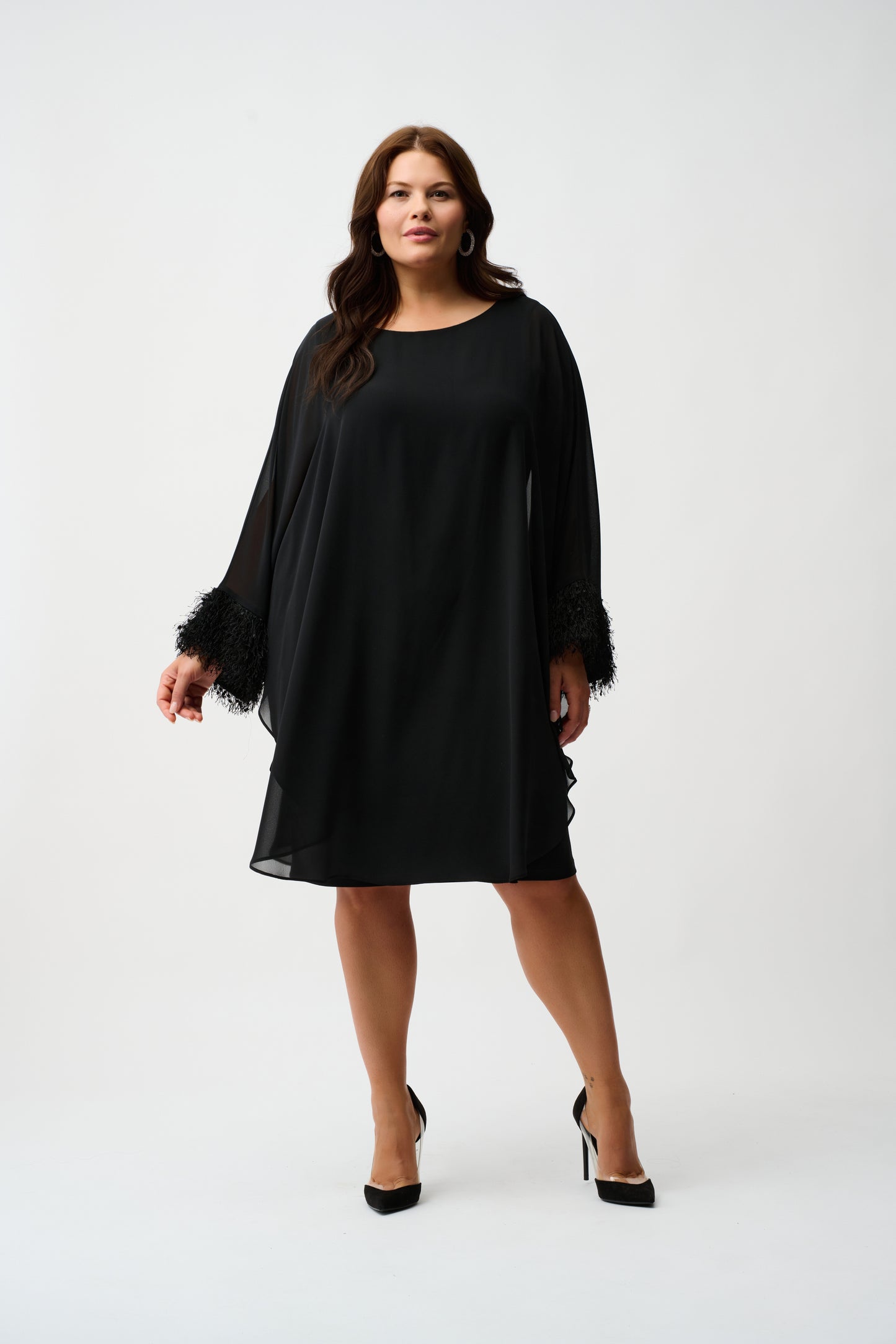 Joseph Ribkoff #254186-11 Silky Knit & Chiffon Layered Dress with Fringe Detail