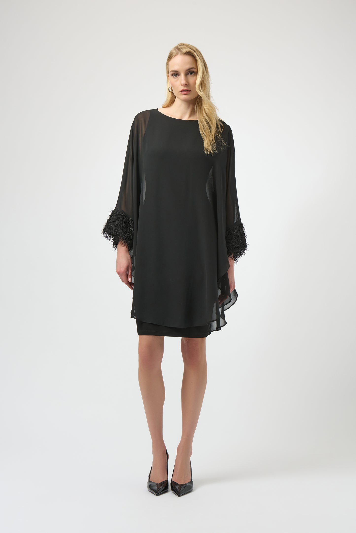 Joseph Ribkoff #254186-11 Silky Knit & Chiffon Layered Dress with Fringe Detail