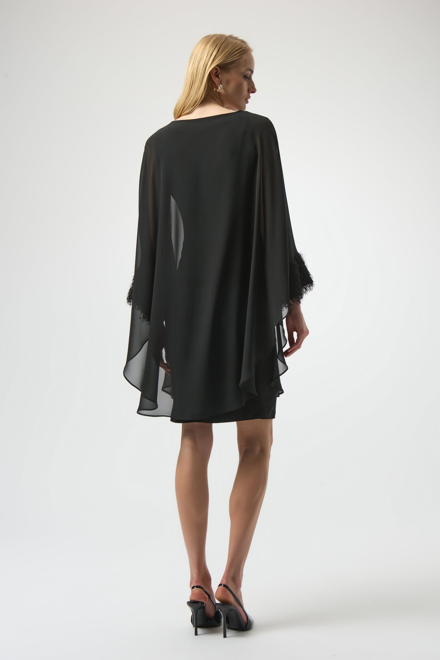 Joseph Ribkoff #254186-11 Silky Knit & Chiffon Layered Dress with Fringe Detail