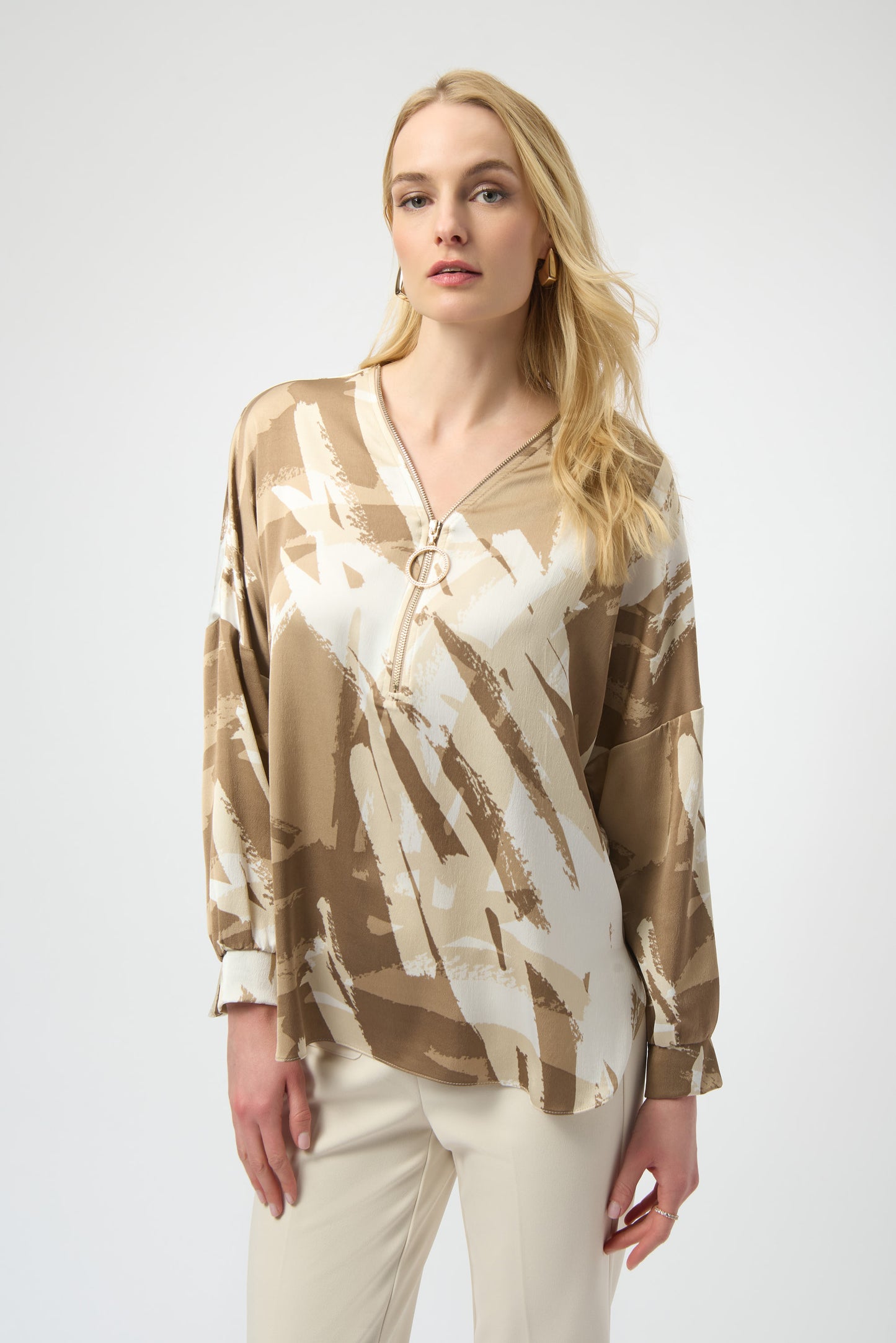 Joseph Ribkoff #254193-2934 Recycled Satin Abstract Print Tunic With Zipper Detail