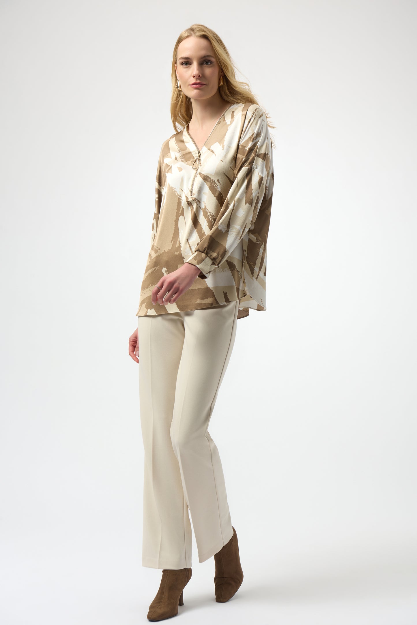 Joseph Ribkoff #254193-2934 Recycled Satin Abstract Print Tunic With Zipper Detail