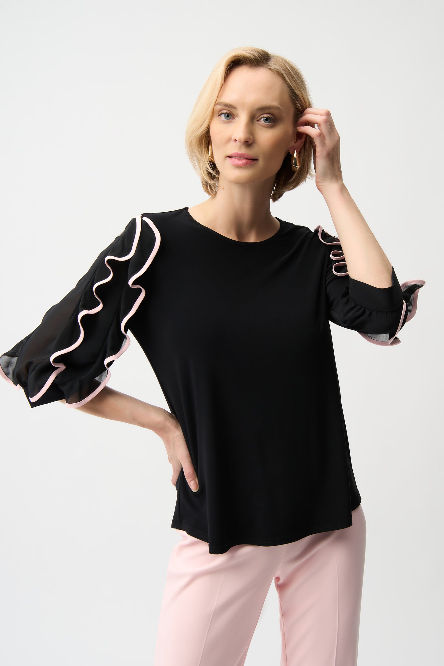 Joseph Ribkoff #261009 Silky Knit Top with Chiffon Ruffled Sleeves