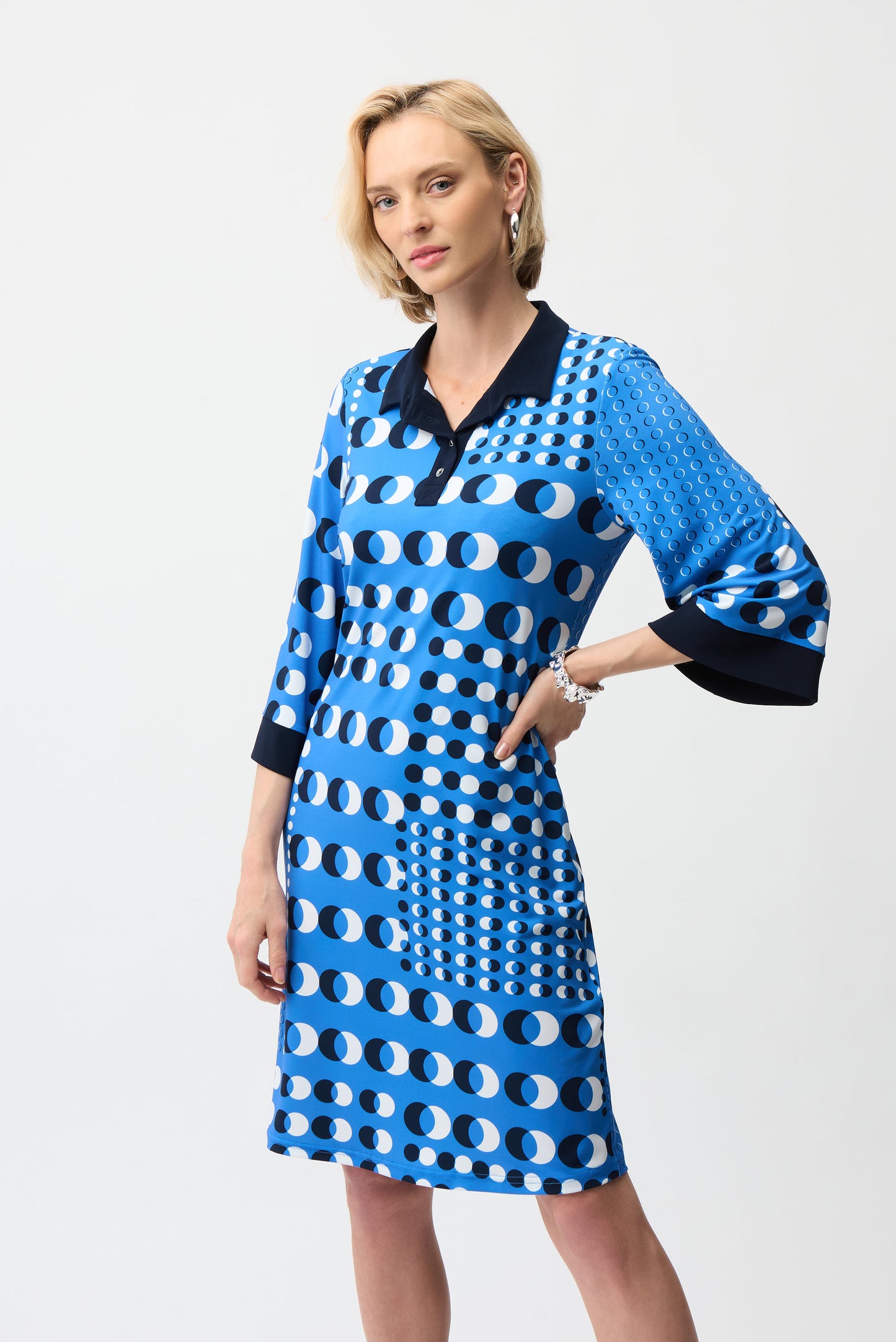 Joseph Ribkoff #261179-3801 Silky knit Dot Print Shirt Dress With Contract Collar & Cuffs