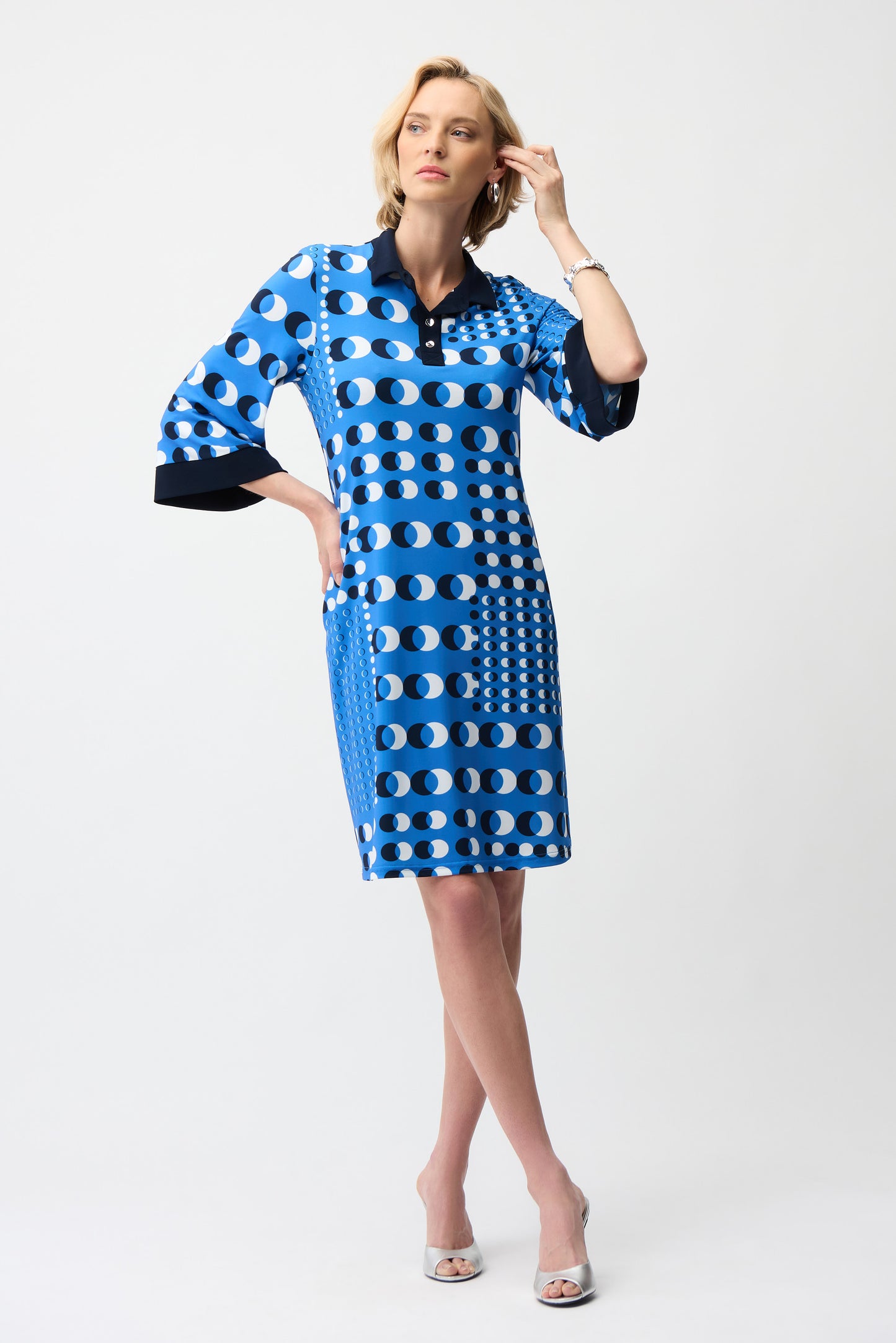 Joseph Ribkoff #261179-3801 Silky knit Dot Print Shirt Dress With Contract Collar & Cuffs