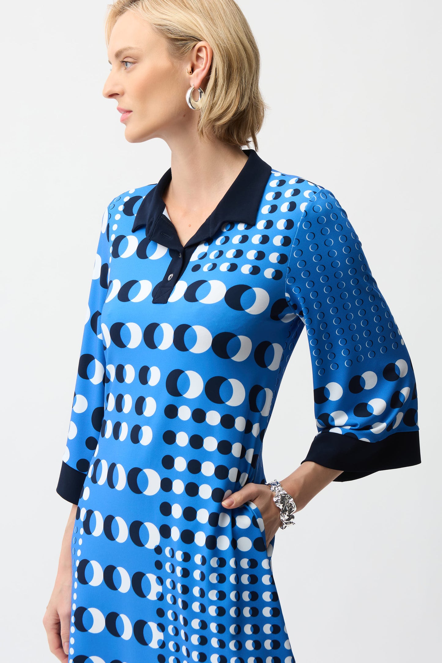 Joseph Ribkoff #261179-3801 Silky knit Dot Print Shirt Dress With Contract Collar & Cuffs