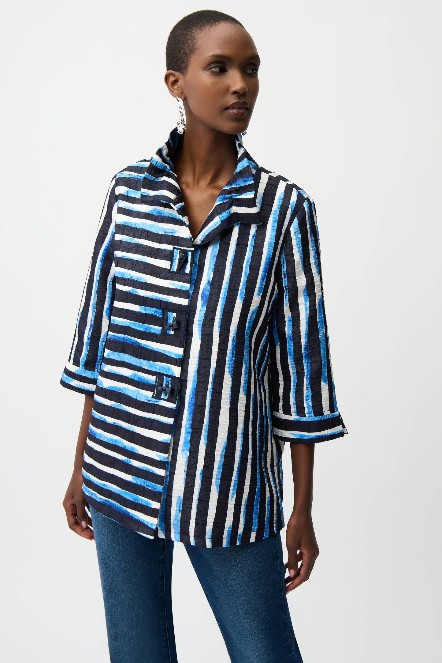 Joseph Ribkoff #261267-3801 Jacquard Stripe Print Trapeze Jacket With Shirred Collar