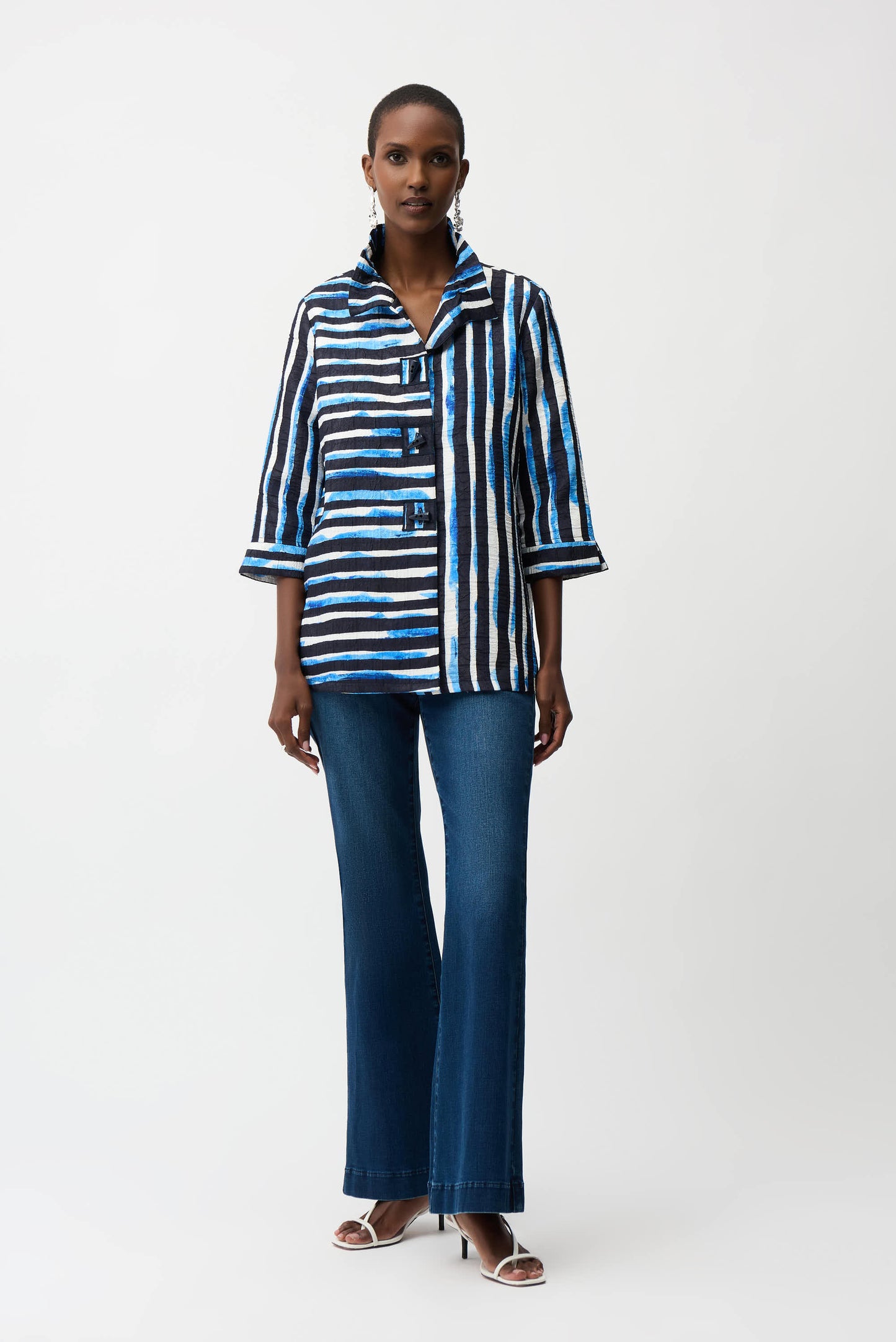 Joseph Ribkoff #261267-3801 Jacquard Stripe Print Trapeze Jacket With Shirred Collar