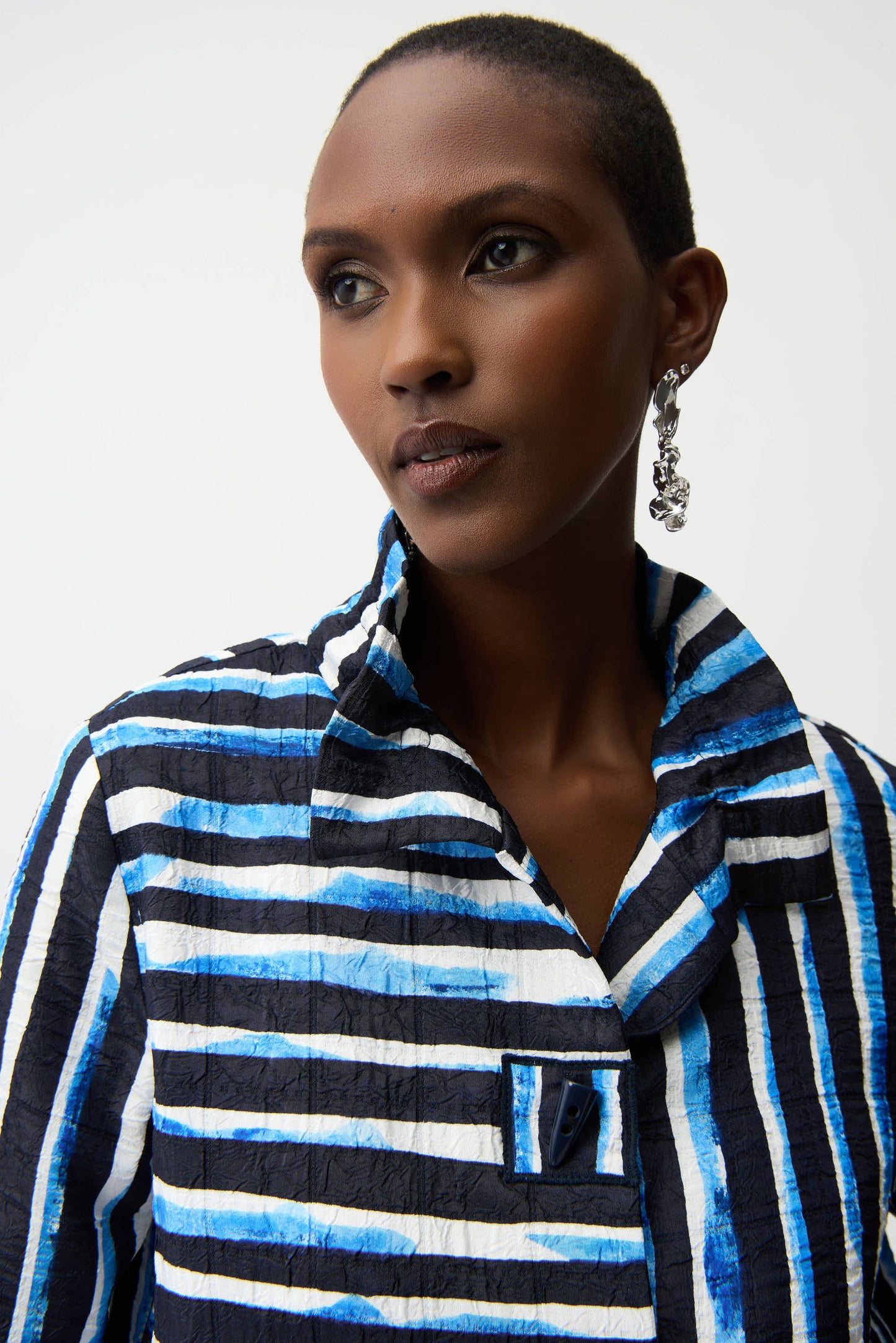Joseph Ribkoff #261267-3801 Jacquard Stripe Print Trapeze Jacket With Shirred Collar