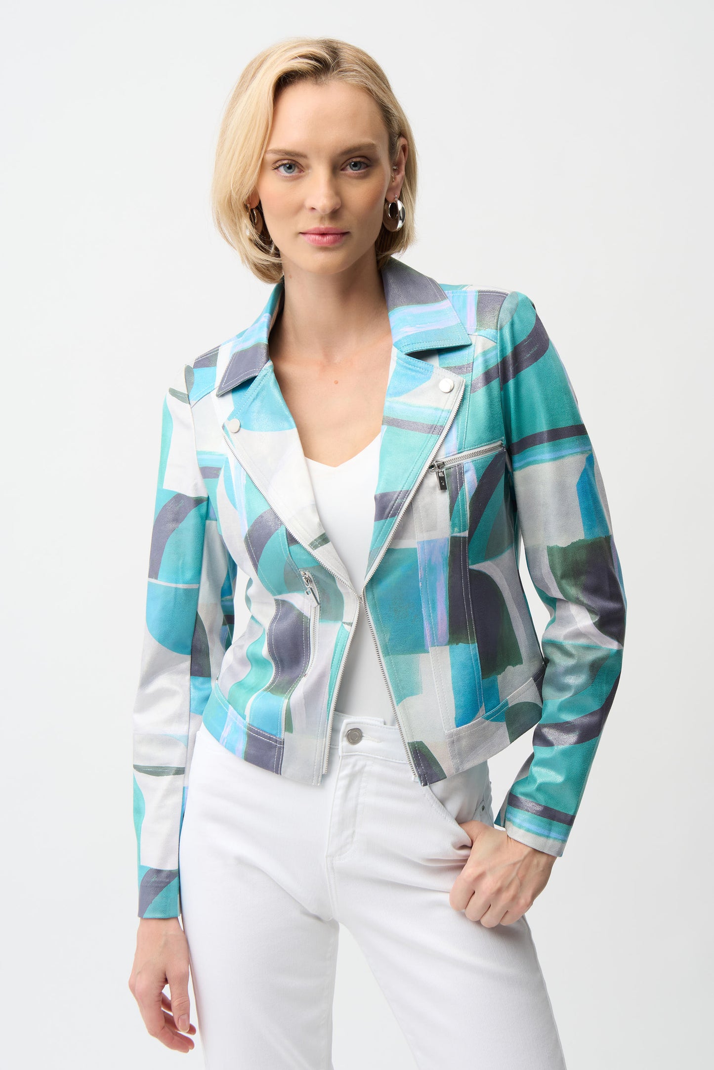 Joseph Ribkoff #261911 Foiled Faux Suede Geometric Print Fitted Jacket