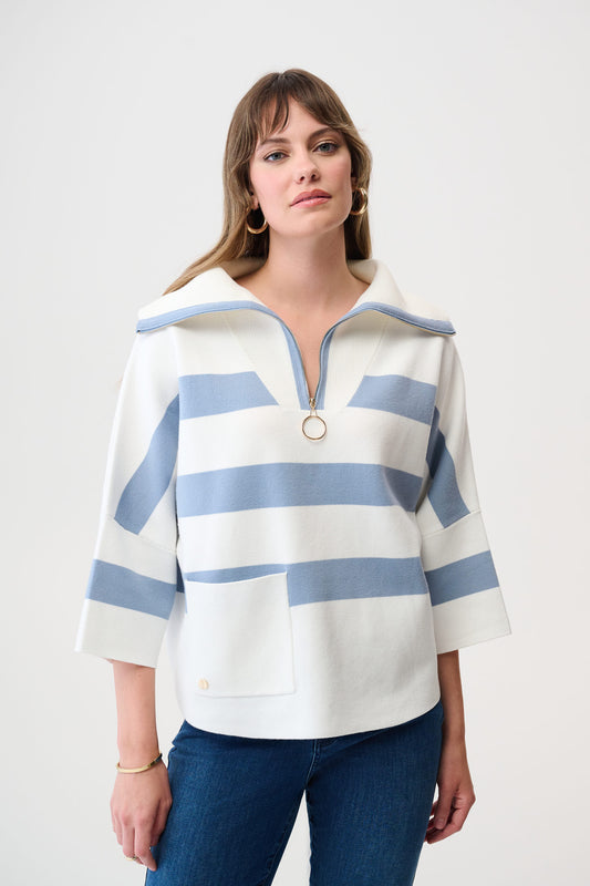 Joseph Ribkoff #261983-4511 Brushed Viscose Stripe Print Boxy Sweater with Zipped Collar
