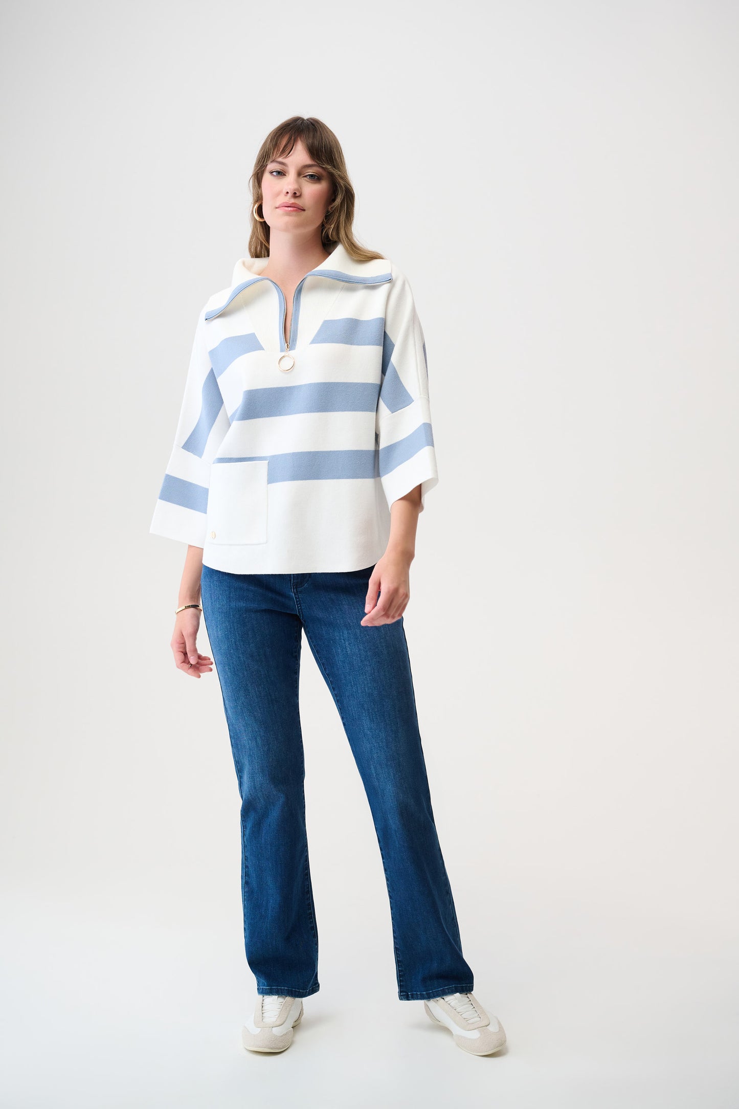 Joseph Ribkoff #261983-4511 Brushed Viscose Stripe Print Boxy Sweater with Zipped Collar