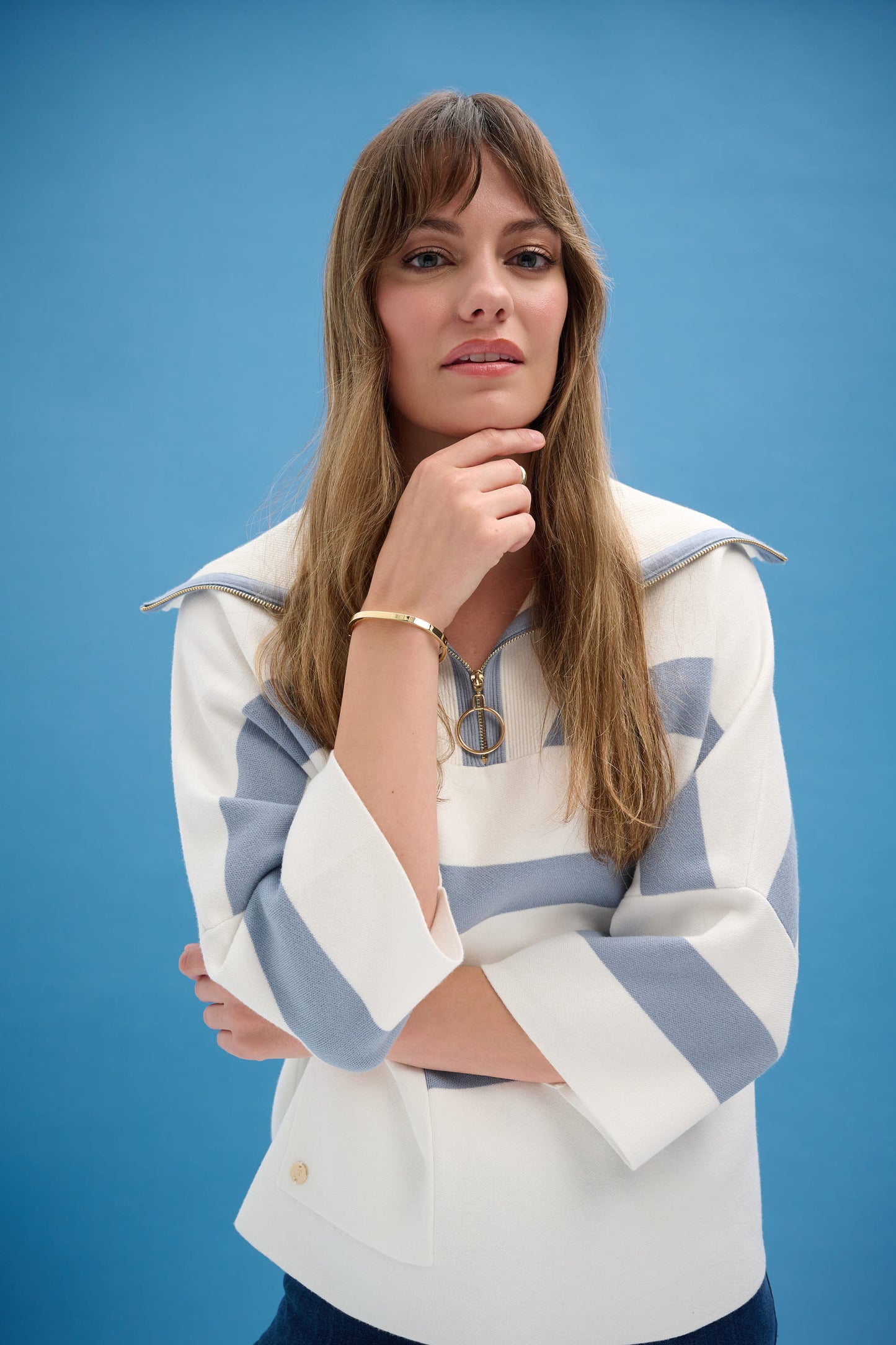 Joseph Ribkoff #261983-4511 Brushed Viscose Stripe Print Boxy Sweater with Zipped Collar