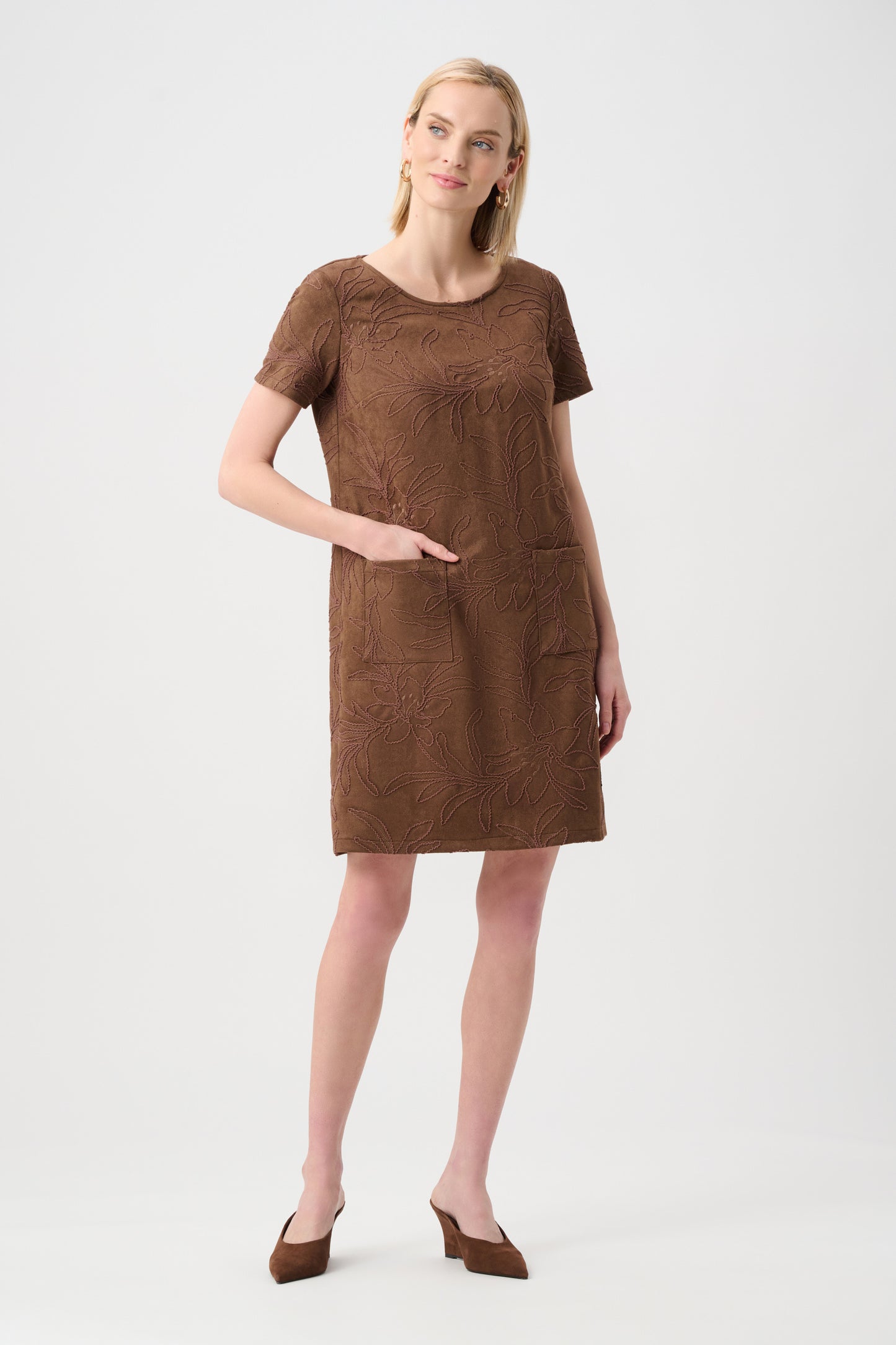 Joseph Ribkoff Embroidered Suede Boat-Neck Shift Dress #263185
