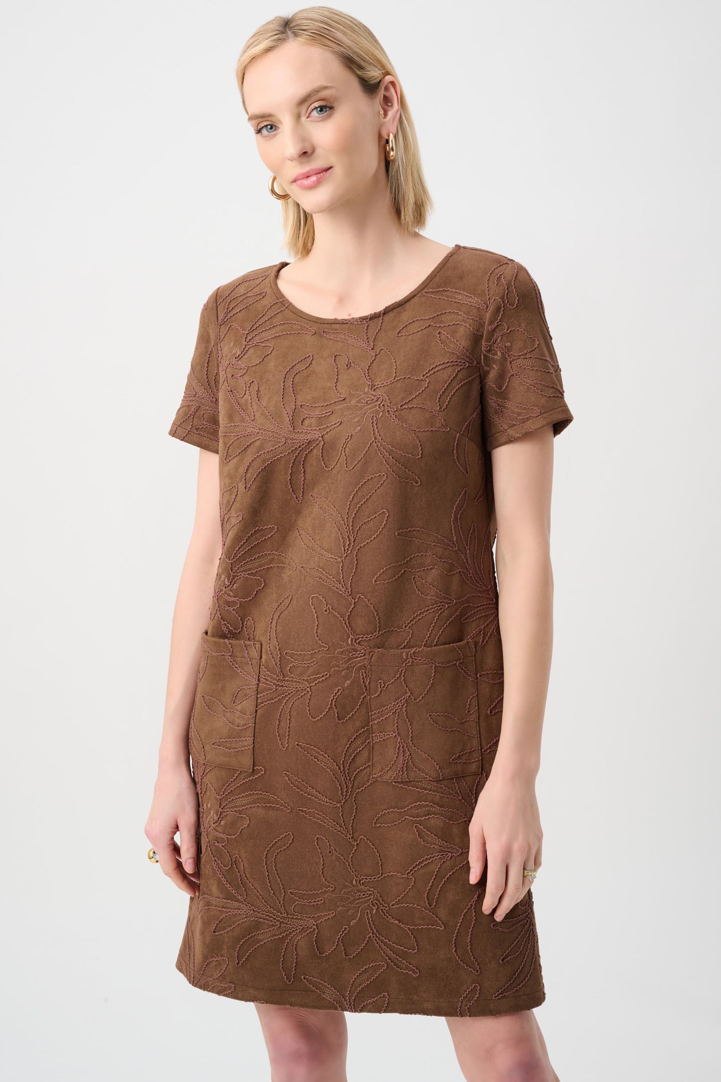 Joseph Ribkoff Embroidered Suede Boat-Neck Shift Dress #263185