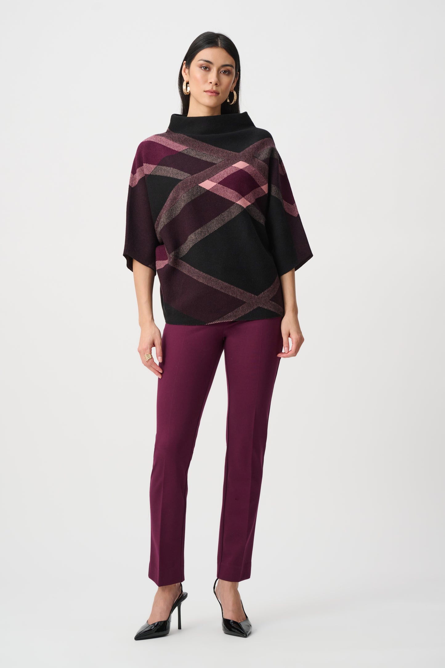 Joseph Ribkoff #263947-178 Brushed Viscose And Nylon Plaid Funnel-Neck Sweater