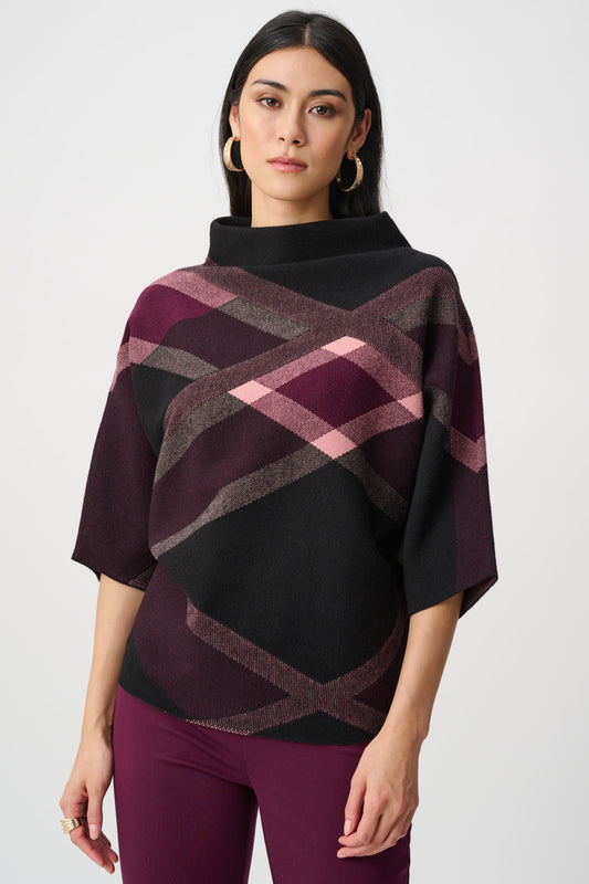 Joseph Ribkoff #263947-178 Brushed Viscose And Nylon Plaid Funnel-Neck Sweater
