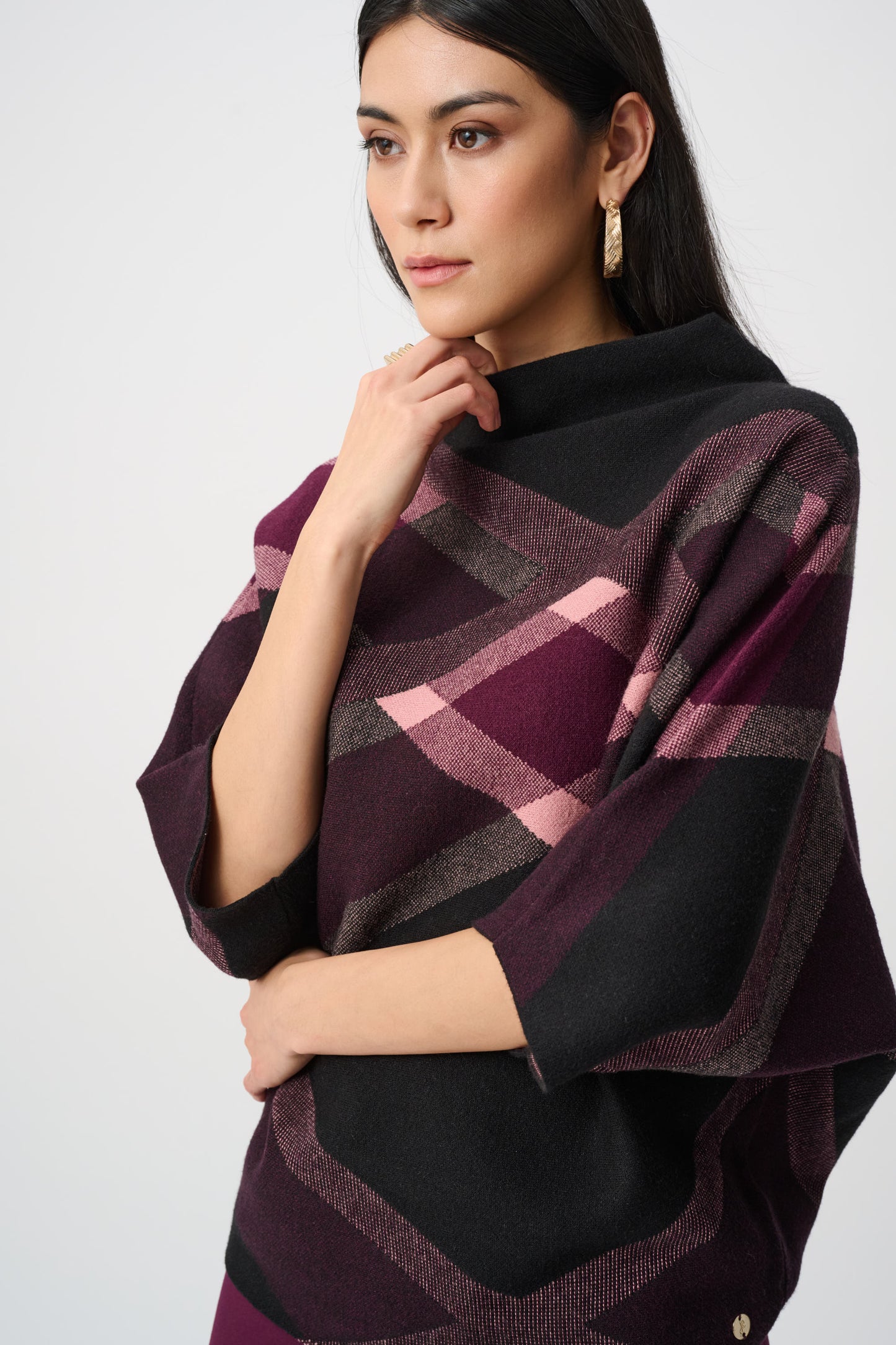 Joseph Ribkoff #263947-178 Brushed Viscose And Nylon Plaid Funnel-Neck Sweater