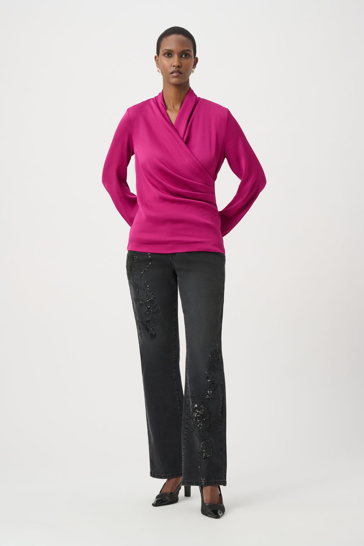 Joseph Ribkoff #264026-4587 Recycled Satin Faux-Wrap Top