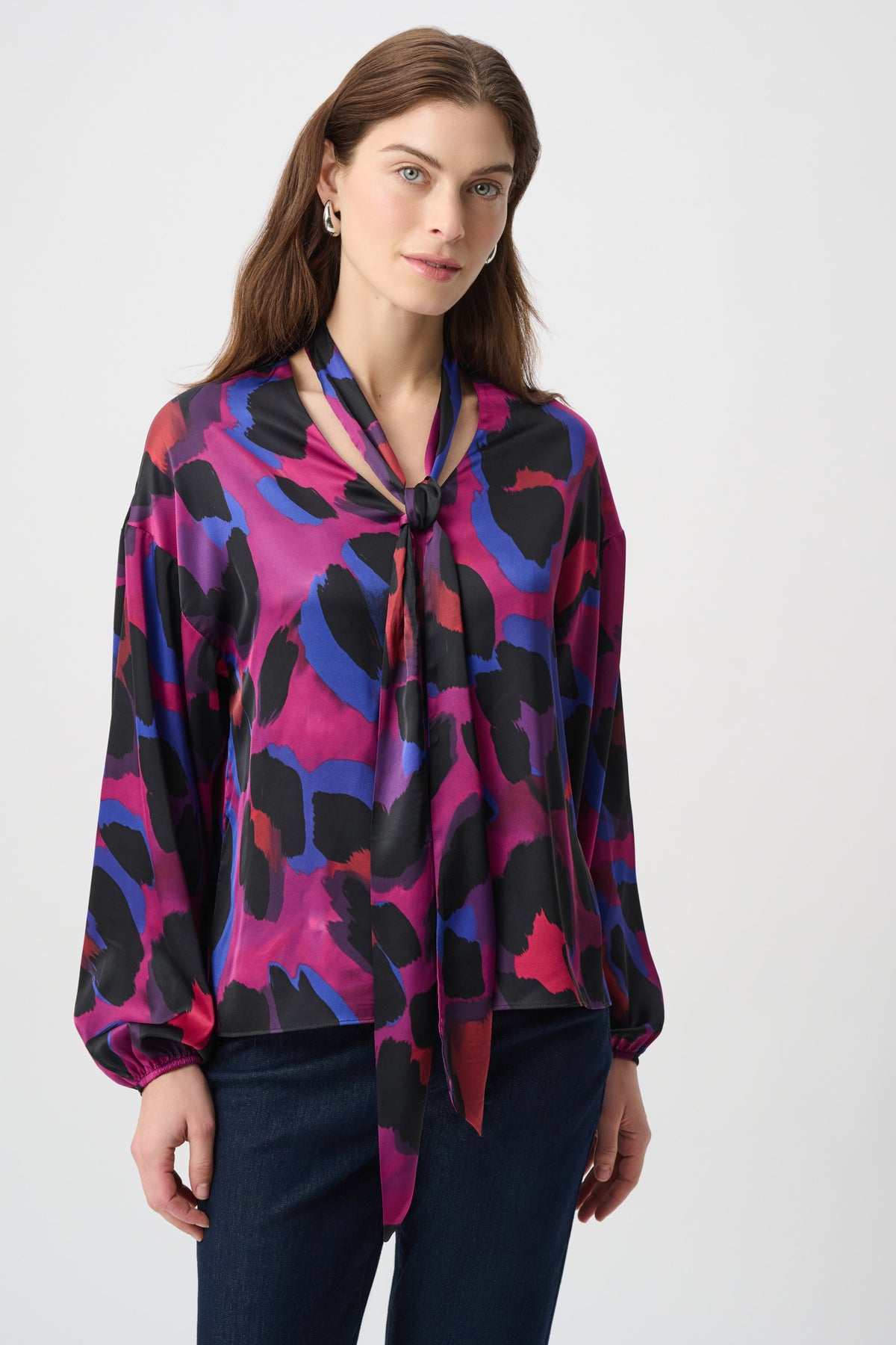 Jospeh Ribkoff #264206-178 Animal Print Satin Tie-Neck Top