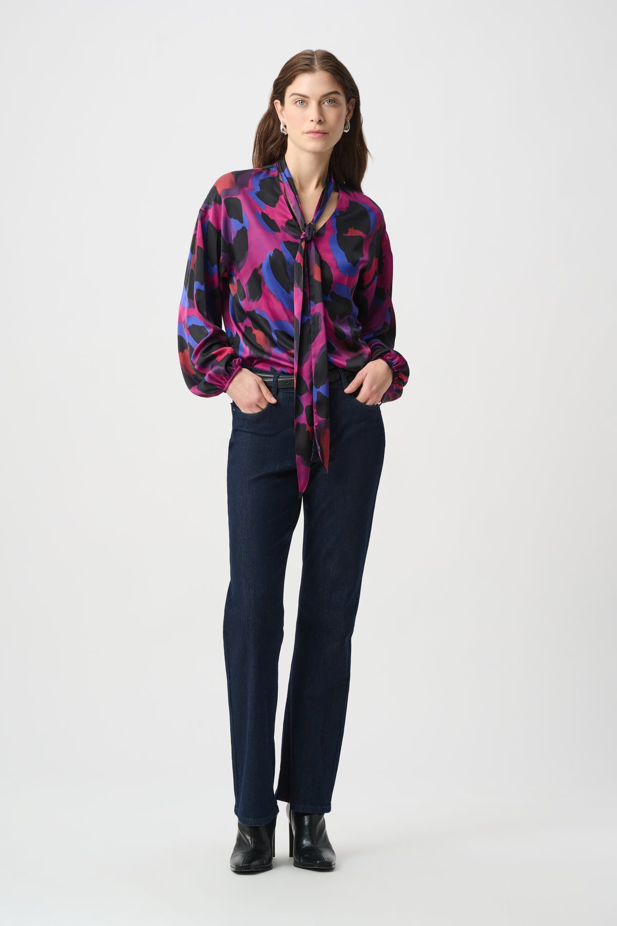 Jospeh Ribkoff #264206-178 Animal Print Satin Tie-Neck Top