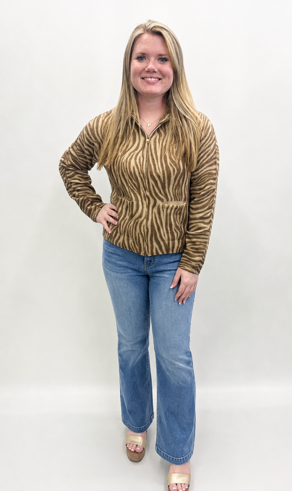 A'la Carte #L36327KM Zebra Print Zip Up Jacket