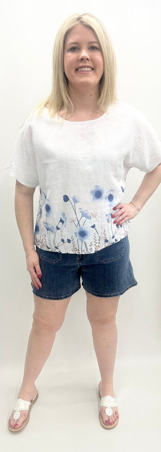 Charlie B #C4487BR-032B Printed Linen Dolman Top
